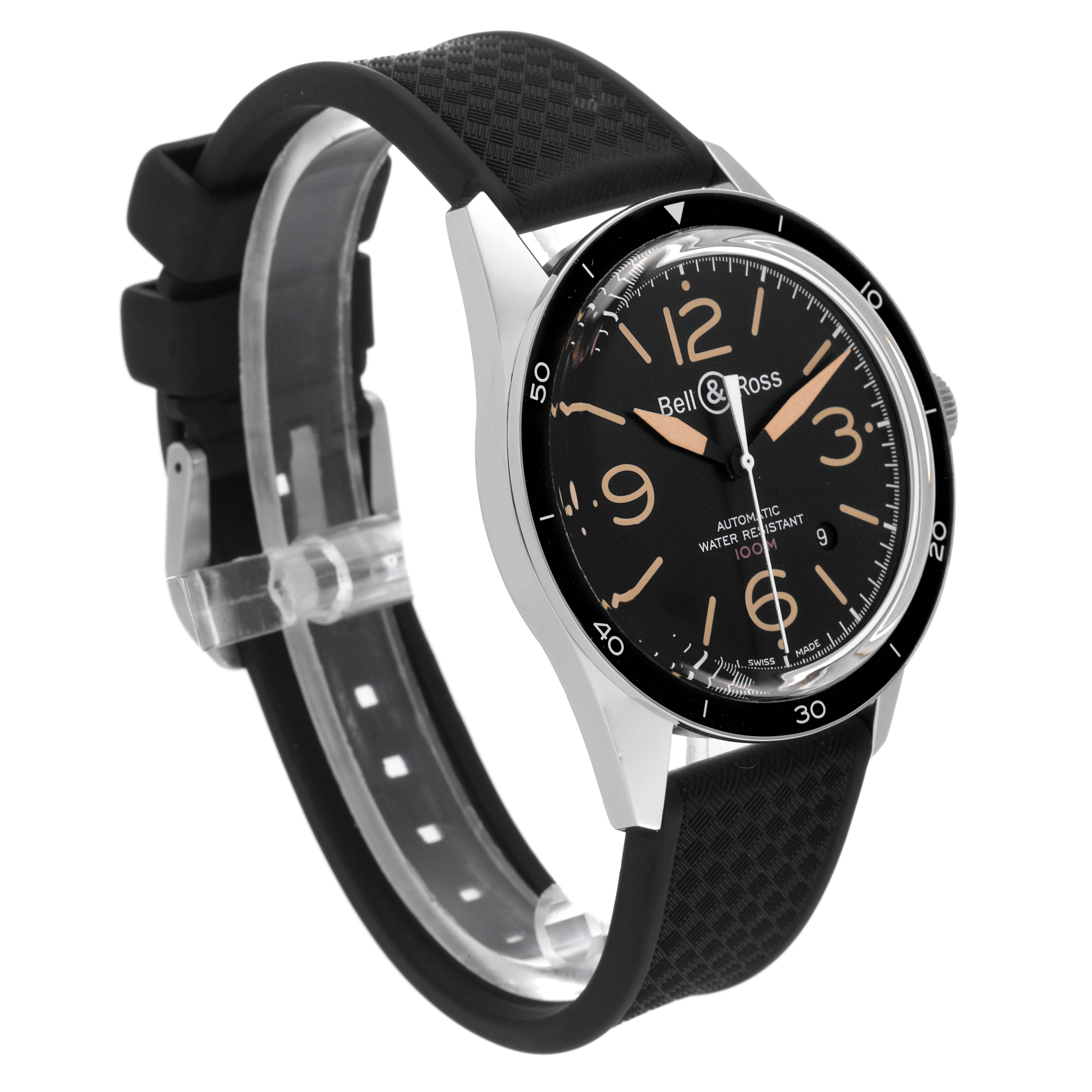 The Bell 
Ross Heritage BR 123-92-SP Men
s Stainless Steel Black Dial BR 123-92-SP Men
s Stainless Steel Black Dial model watch is shown at a three-quarter angle, displaying the face, bezel, case, and rubber strap.