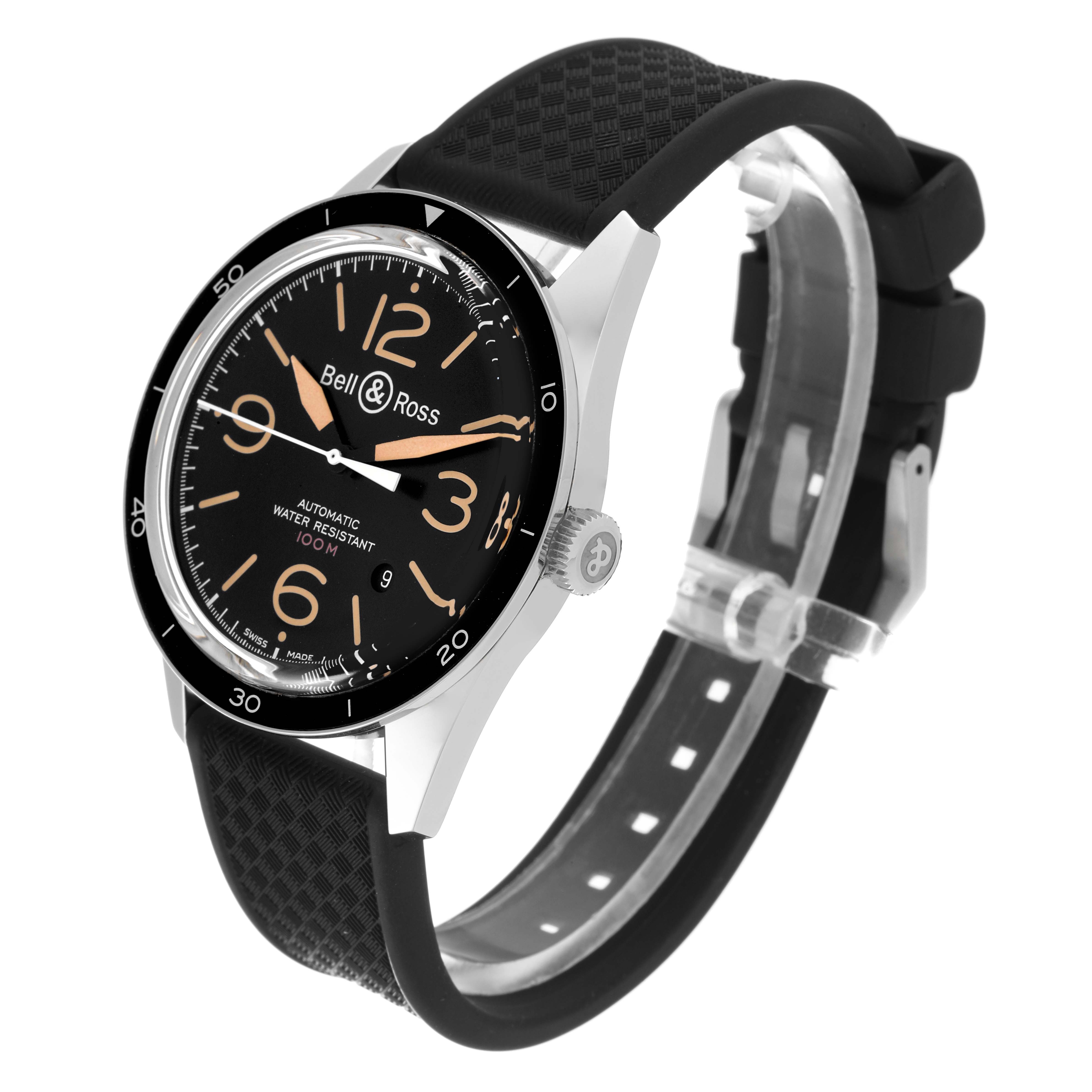 The Bell 
Ross Heritage BR 123-92-SP Men
s Stainless Steel Black Dial BR 123-92-SP Men
s Stainless Steel Black Dial model watch is shown at a side angle, highlighting its dial, bezel, crown, and strap.