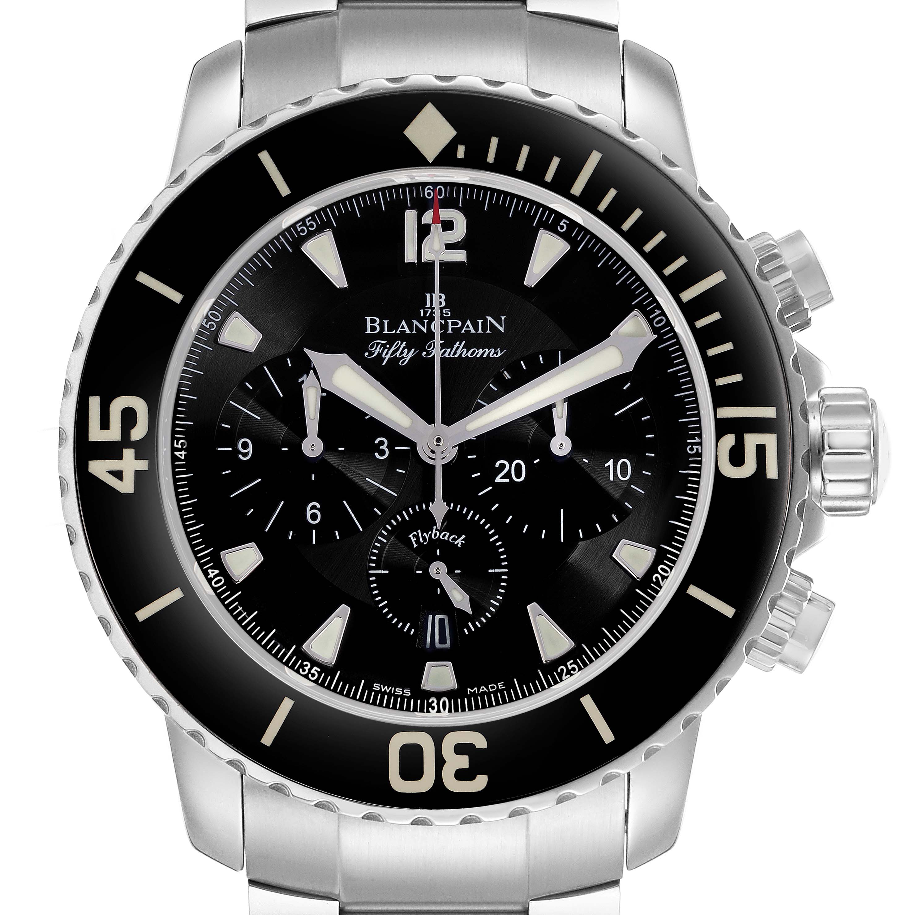 The Blancpain Fifty Fathoms 5085F-1130-J313 Men
s Stainless Steel Black Dial watch is shown from the front, displaying its bezel, dial, and chronograph features.