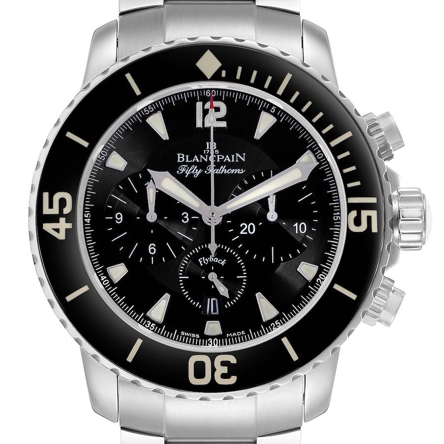 The Blancpain Fifty Fathoms 5085F-1130-J313 Men's Stainless Steel Black Dial watch is shown from the front, displaying its bezel, dial, and chronograph features.