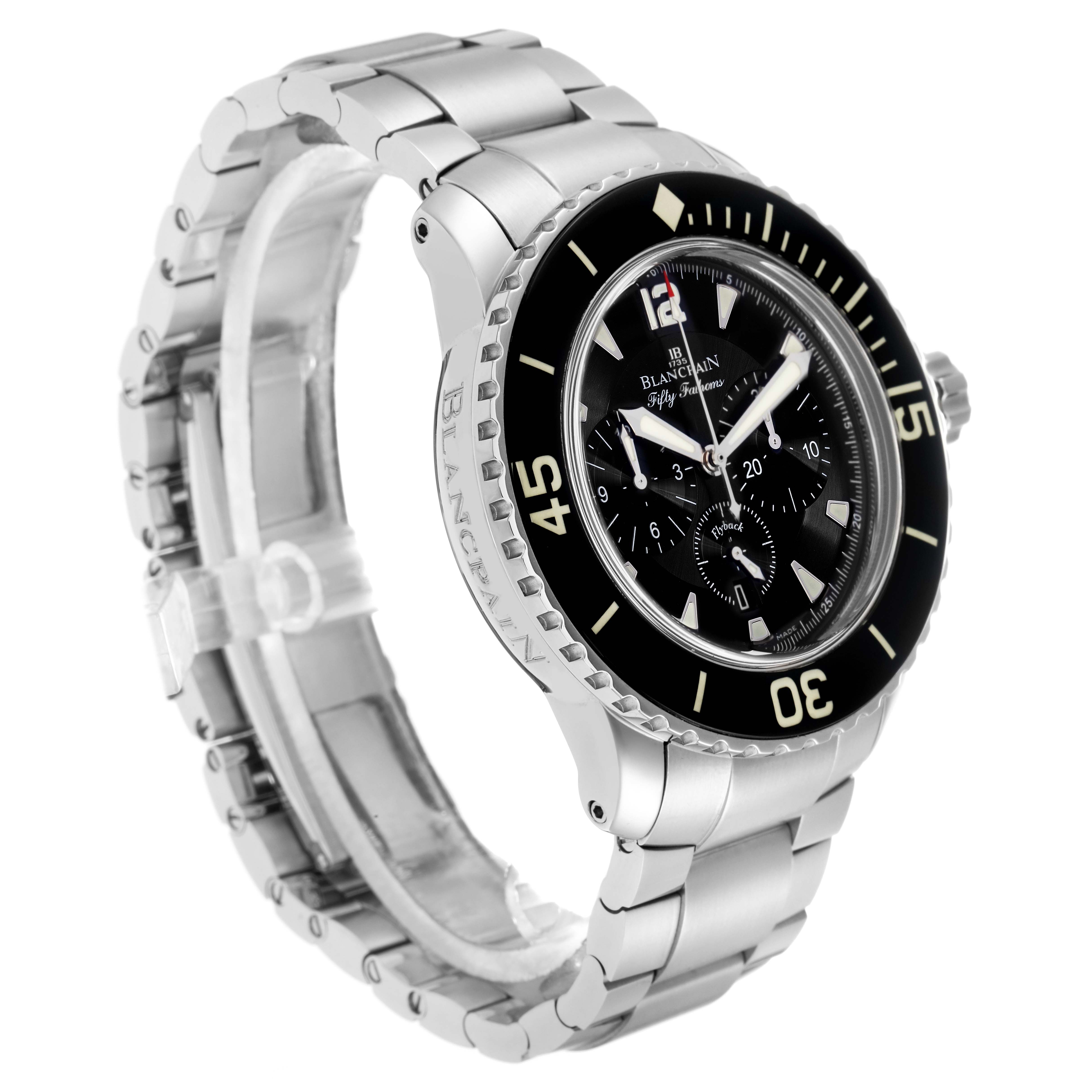 The Blancpain Fifty Fathoms 5085F-1130-J313 Men
s Stainless Steel Black Dial watch is shown at a front-side angle, highlighting the bezel, dial, and metal bracelet.
