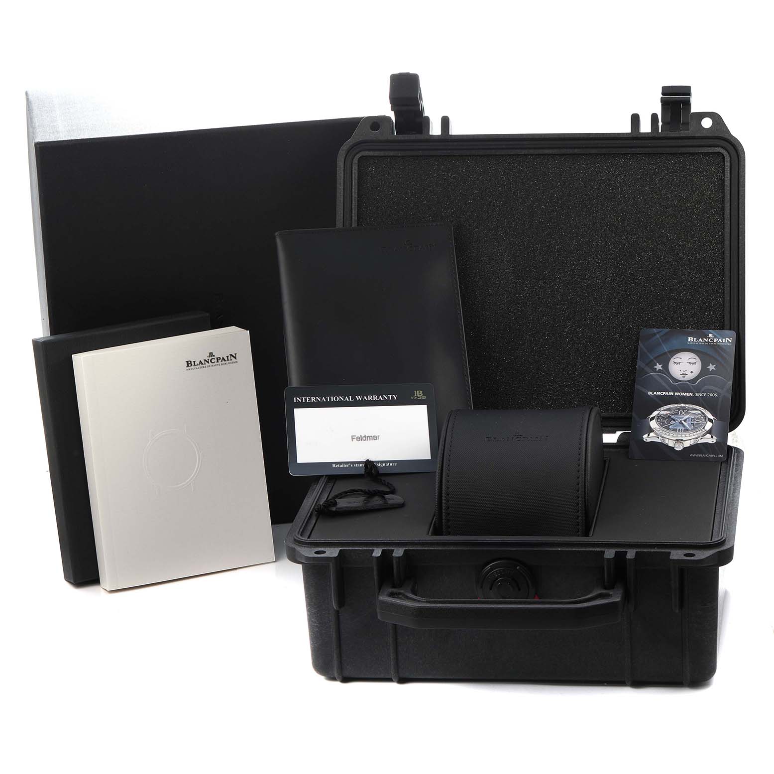 The image shows accessories for the Blancpain Fifty Fathoms 5085F-1130-J313 Men
s Stainless Steel Black Dial, including a case, warranty card, and manuals, viewed from the front.