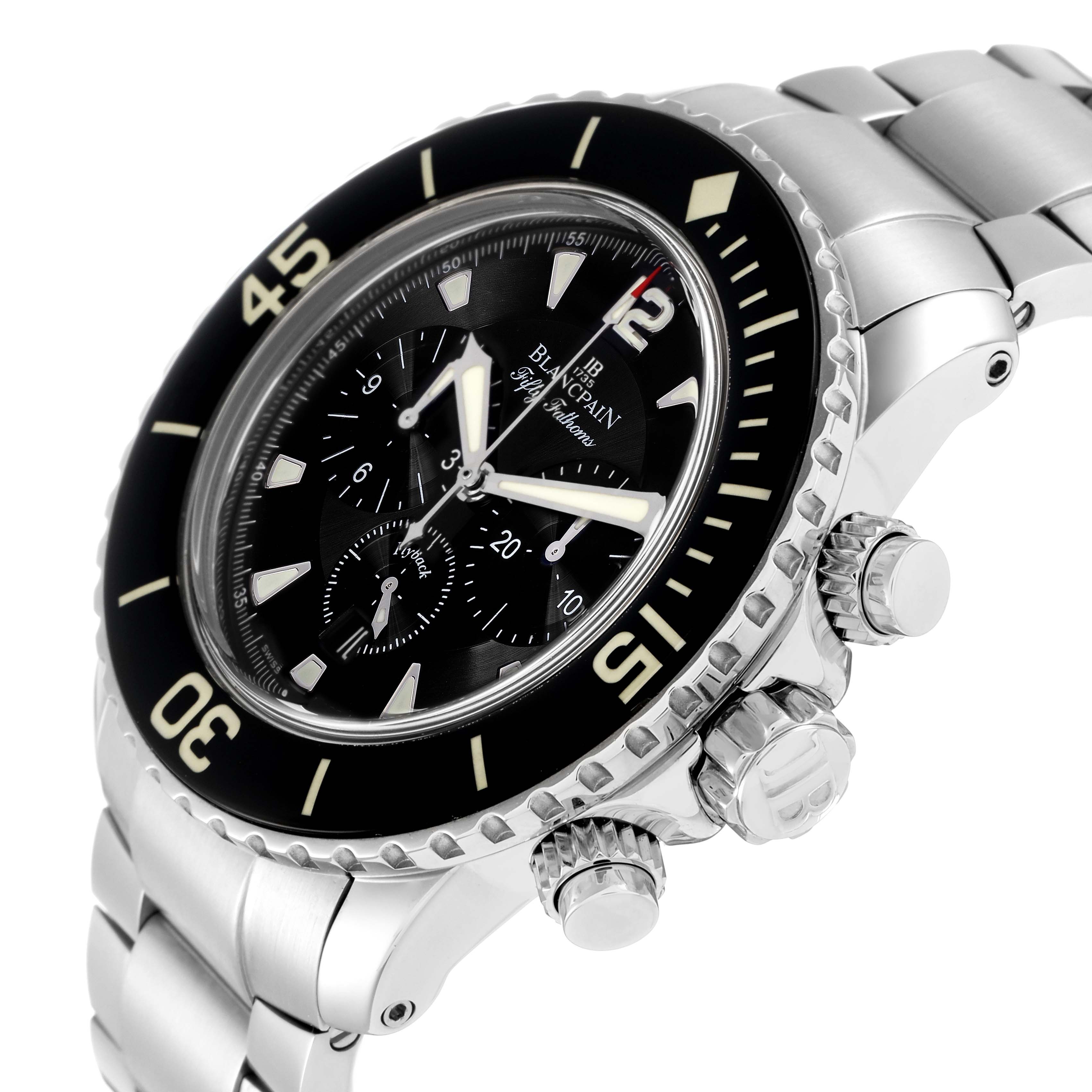 The Blancpain Fifty Fathoms 5085F-1130-J313 Men
s Stainless Steel Black Dial watch is shown at an angle highlighting the bezel, crown, pushers, and part of the bracelet.