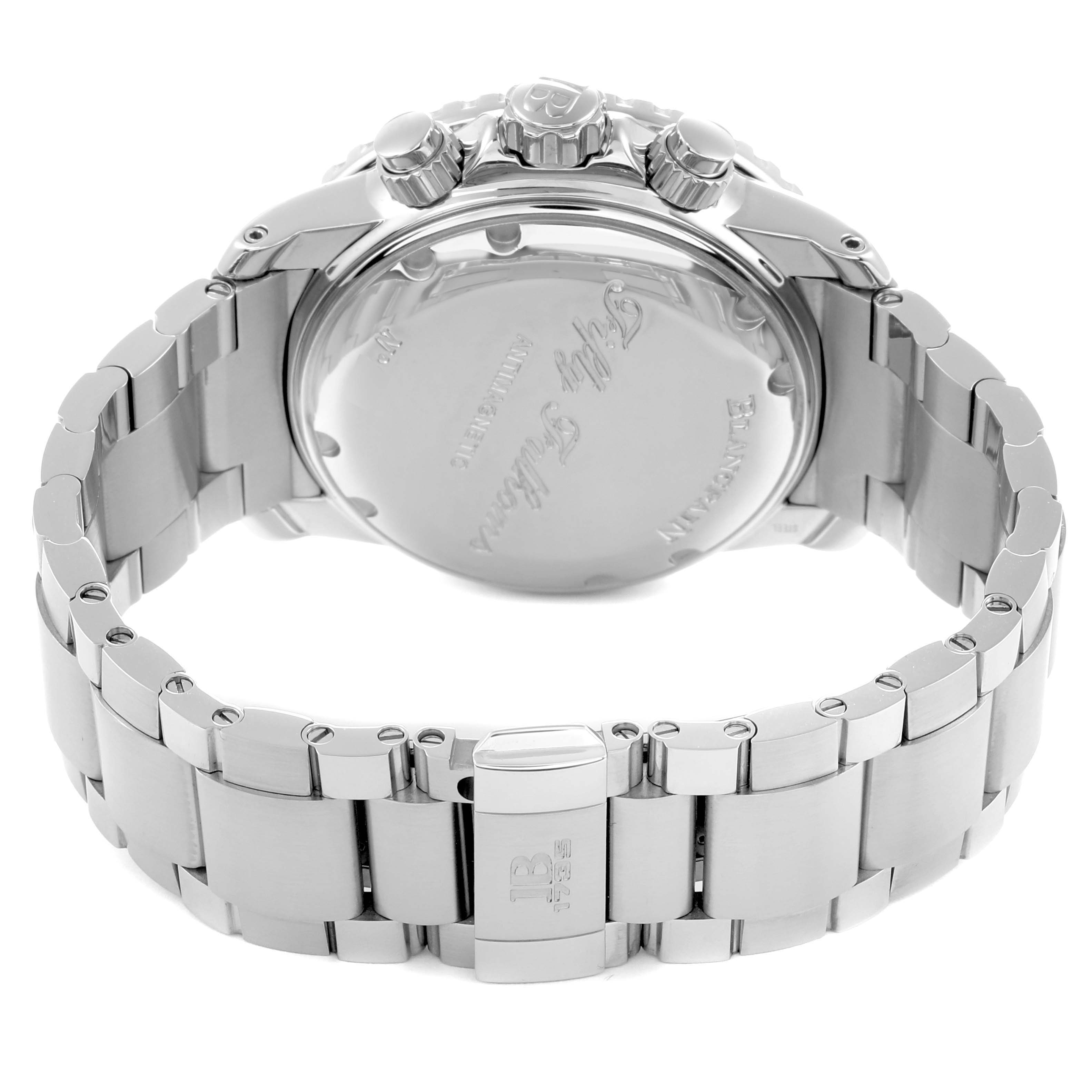 The Blancpain Fifty Fathoms 5085F-1130-J313 Men
s Stainless Steel Black Dial watch is shown from the back, highlighting the case back, crown, pushers, and bracelet.