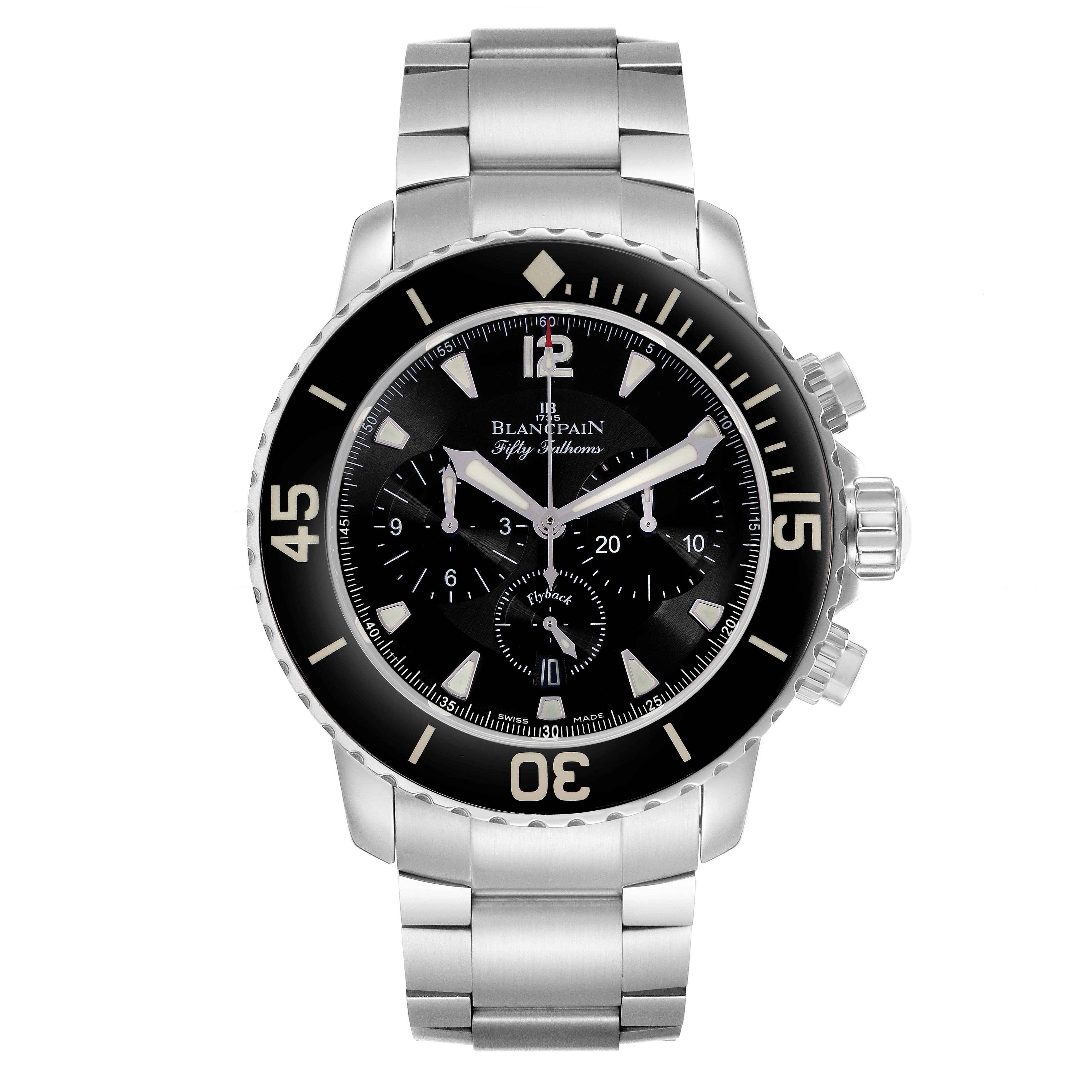 The Blancpain Fifty Fathoms 5085F-1130-J313 Men
s Stainless Steel Black Dial watch is shown from a front angle, displaying its face, bezel, and metal bracelet in detail.