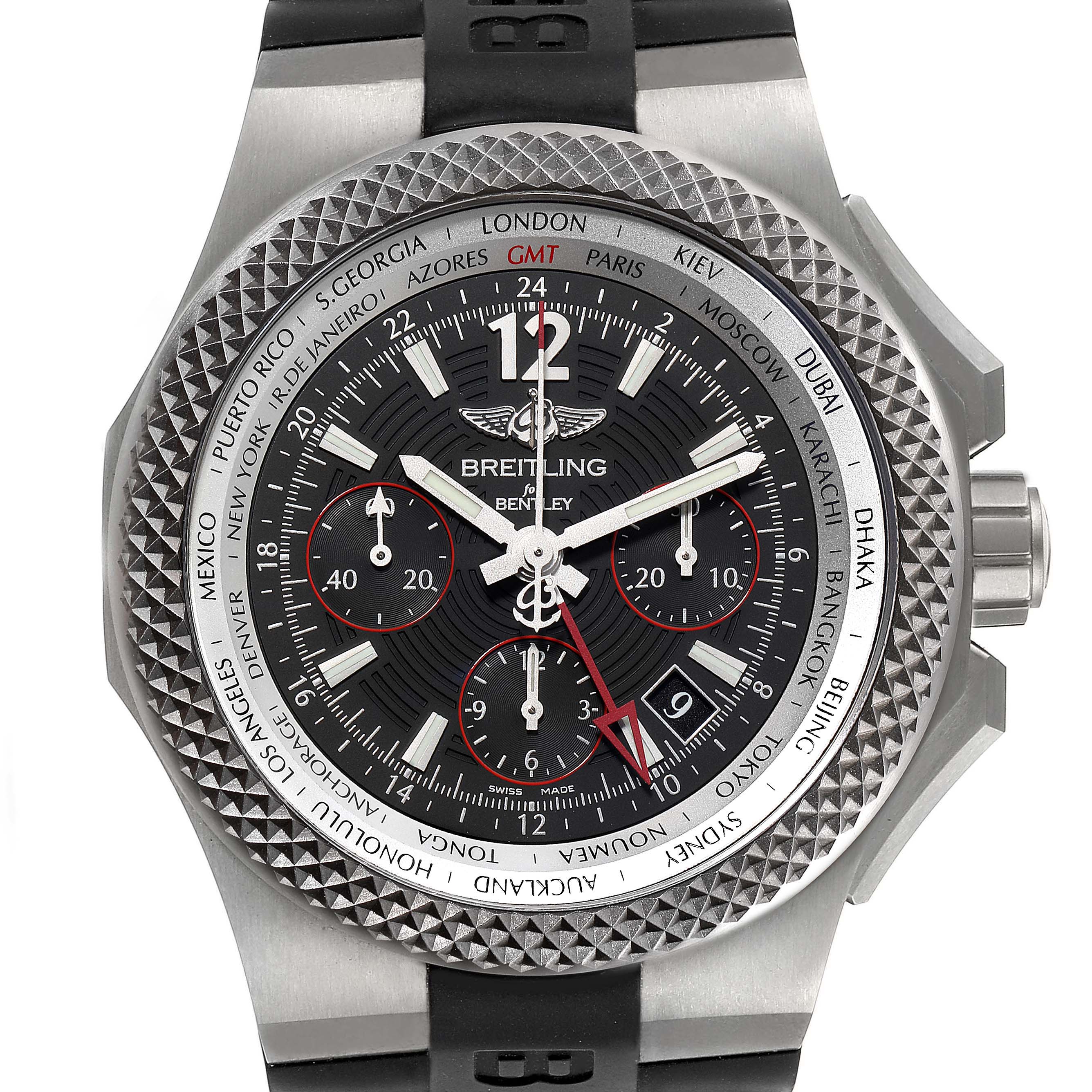 The image shows a top-view angle of a Breitling Bentley EB0433 Men's Titanium Black Dial EB0433 Men's Titanium Black Dial watch, highlighting its face, bezel, and strap.