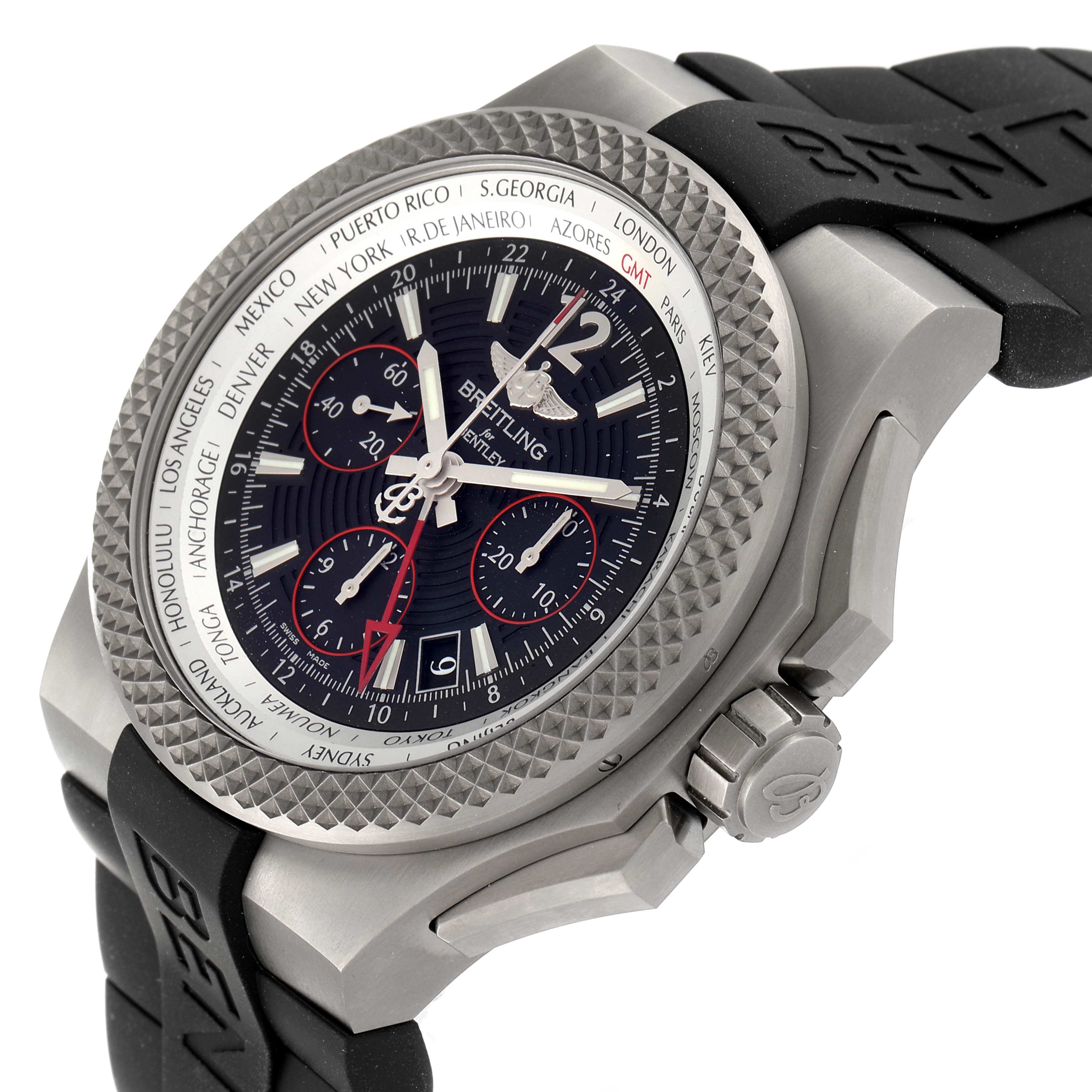 The image shows a tilted side view of the Bentley model by Breitling, highlighting the watch face, bezel, and part of the strap.