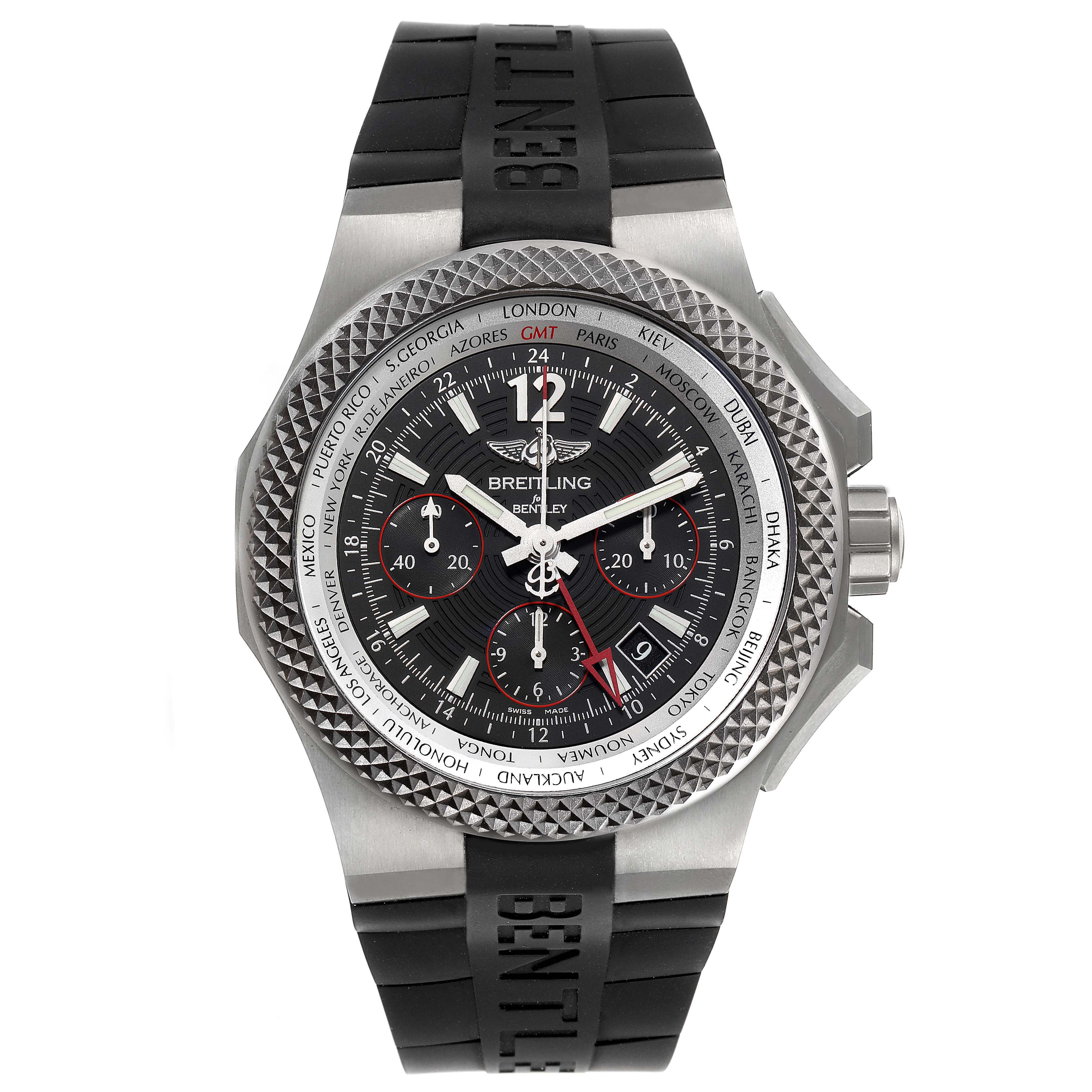 This image shows a frontal view of the Breitling Bentley EB0433 Men's Titanium Black Dial EB0433 Men's Titanium Black Dial watch displaying its face, bezel, and part of its black rubber strap.