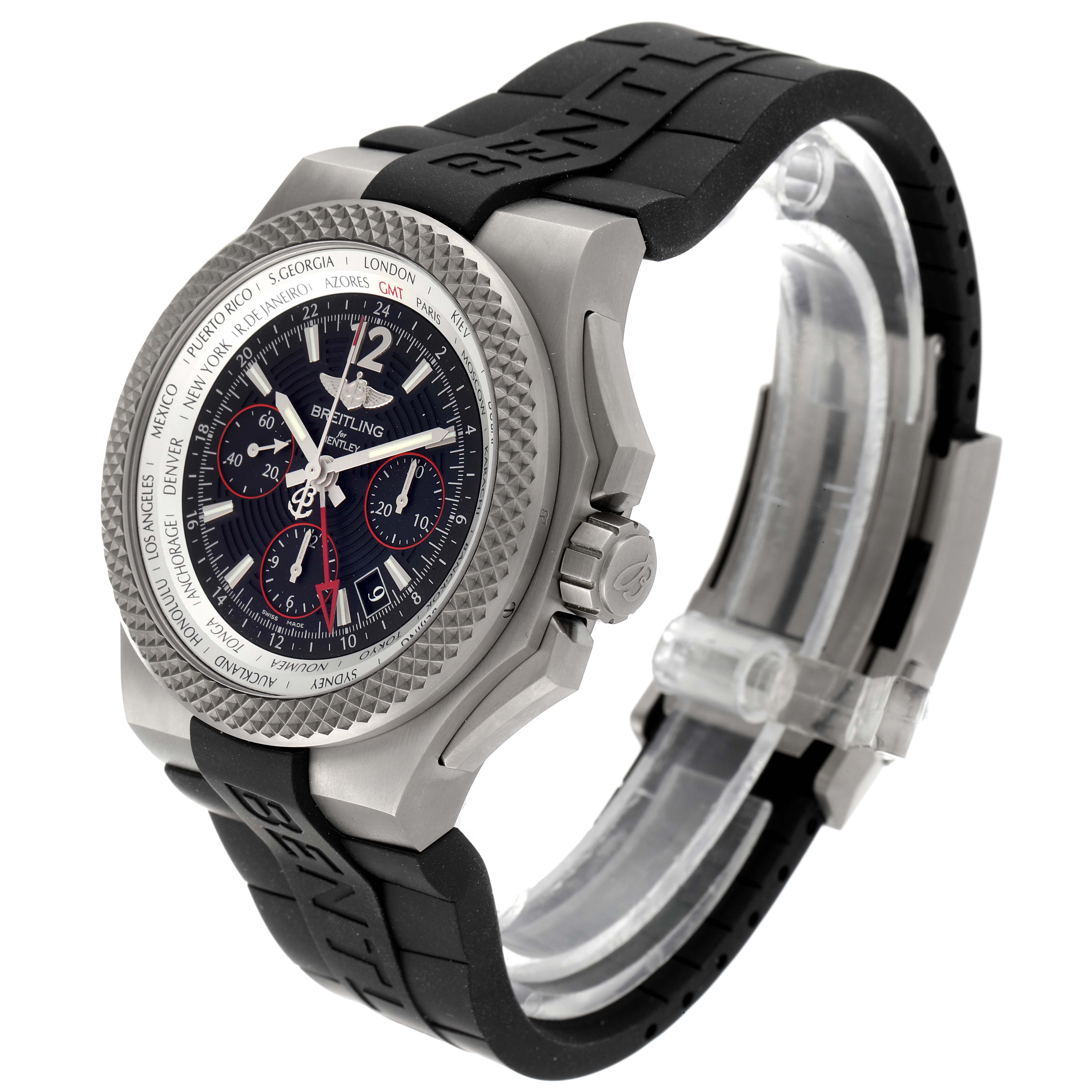 The image shows a Breitling Bentley EB0433 Men's Titanium Black Dial EB0433 Men's Titanium Black Dial watch at a three-quarter angle, displaying the face, bezel, crown, and black rubber strap.