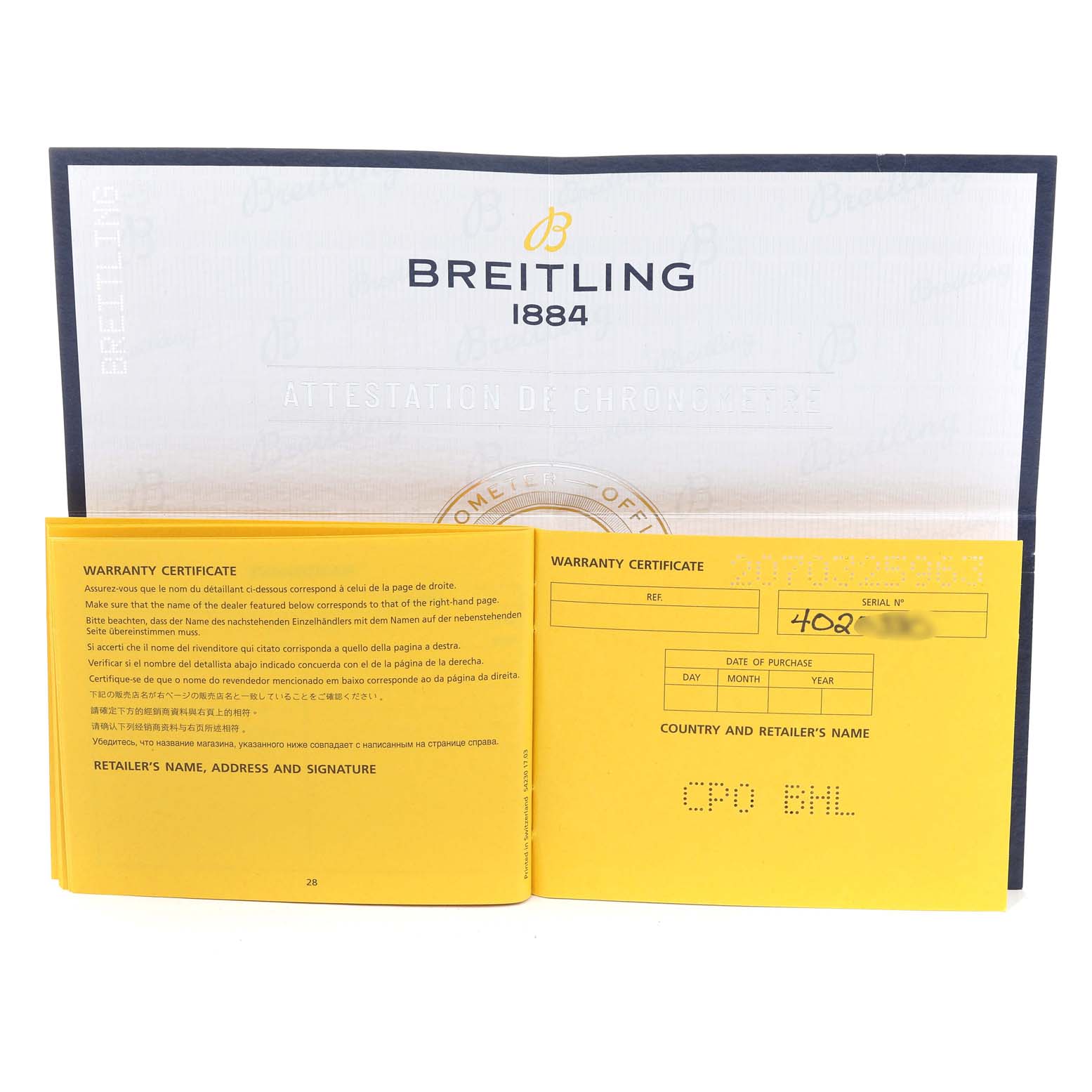 The image shows the warranty certificate and documentation for a Breitling Bentley EB0433 Men's Titanium Black Dial EB0433 Men's Titanium Black Dial model watch, displayed open.