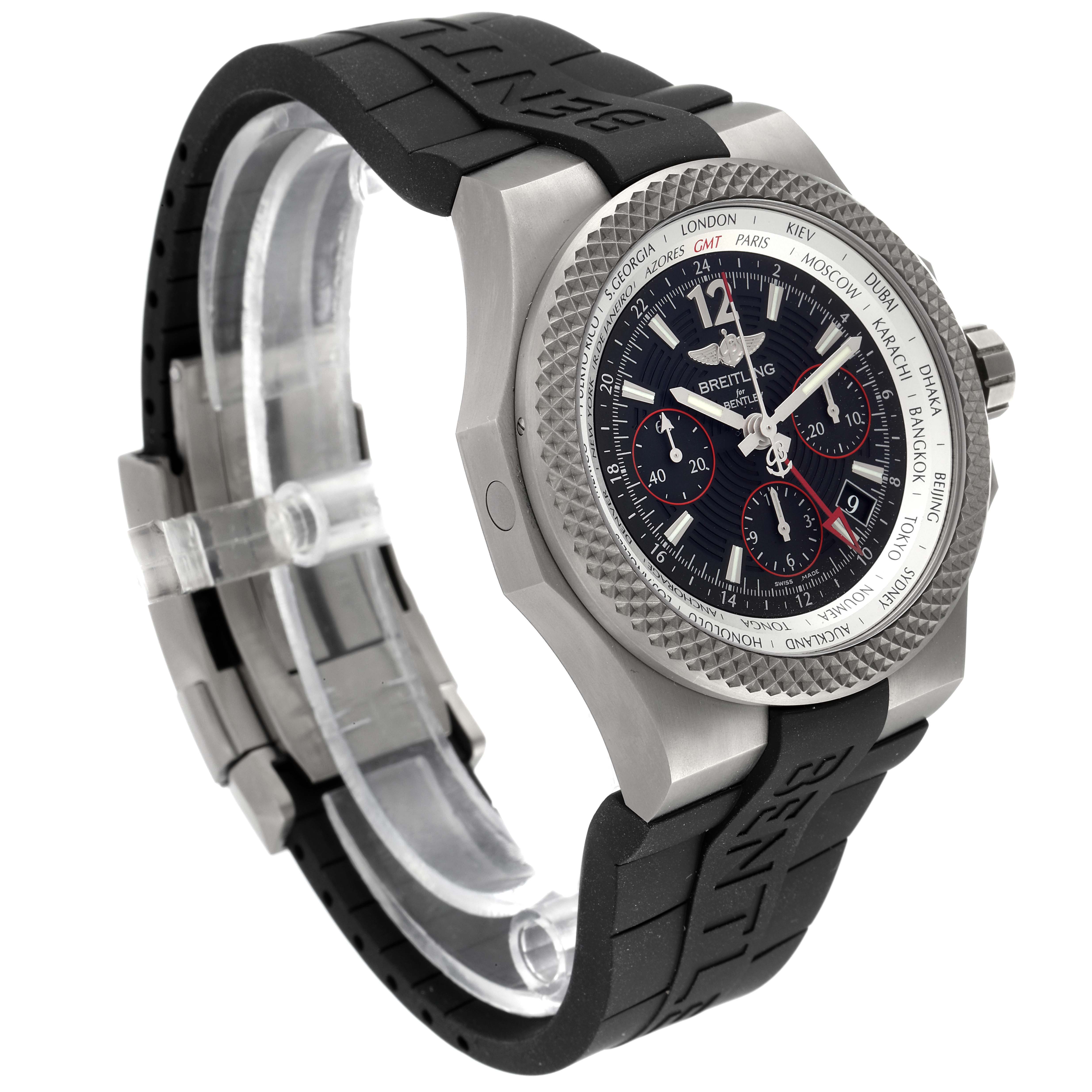 The image shows a Breitling Bentley EB0433 Men's Titanium Black Dial EB0433 Men's Titanium Black Dial watch at an angle, highlighting its face, case, and black rubber strap.