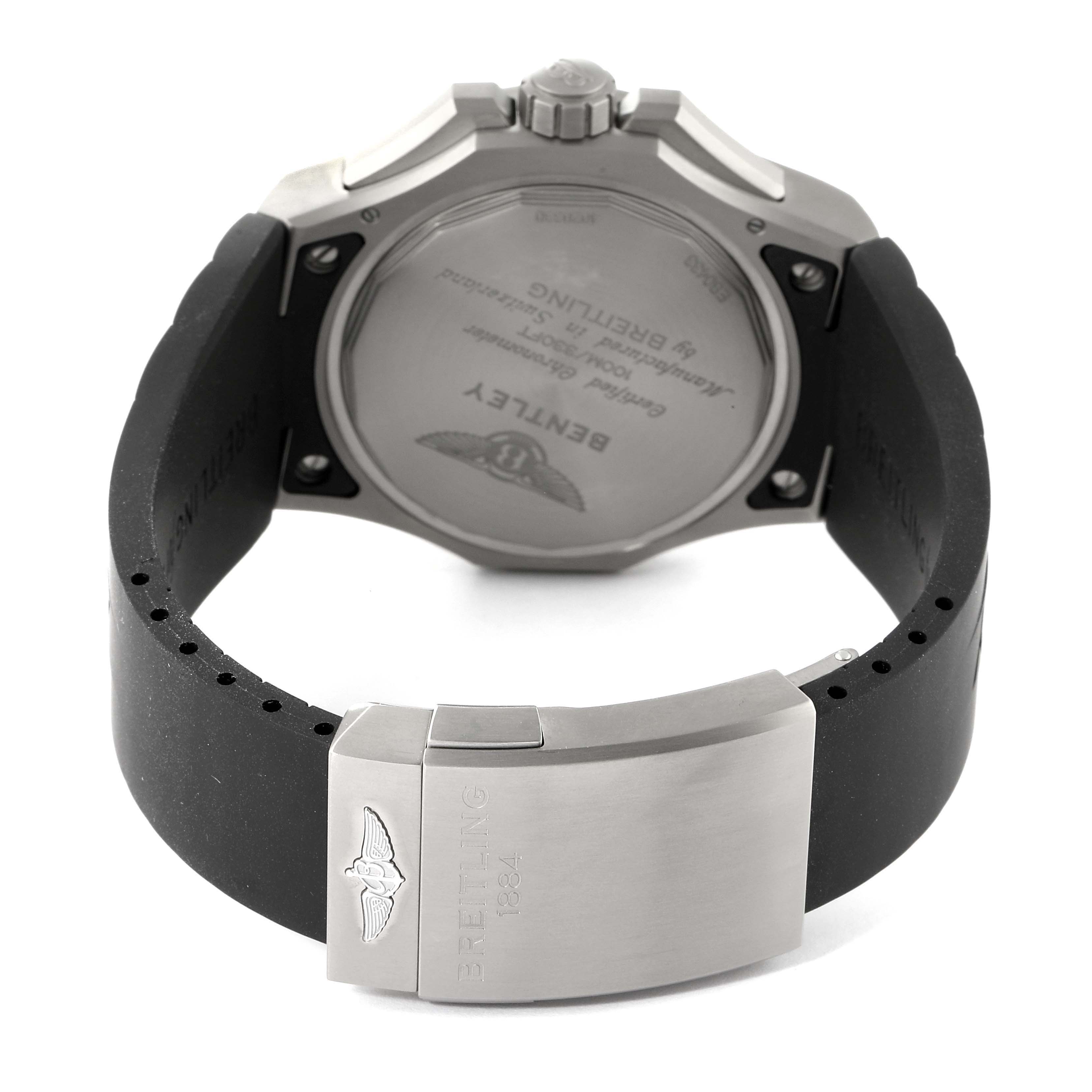 The image shows the back casing, strap, and clasp of the Breitling Bentley EB0433 Men's Titanium Black Dial EB0433 Men's Titanium Black Dial model watch from a rear angle.