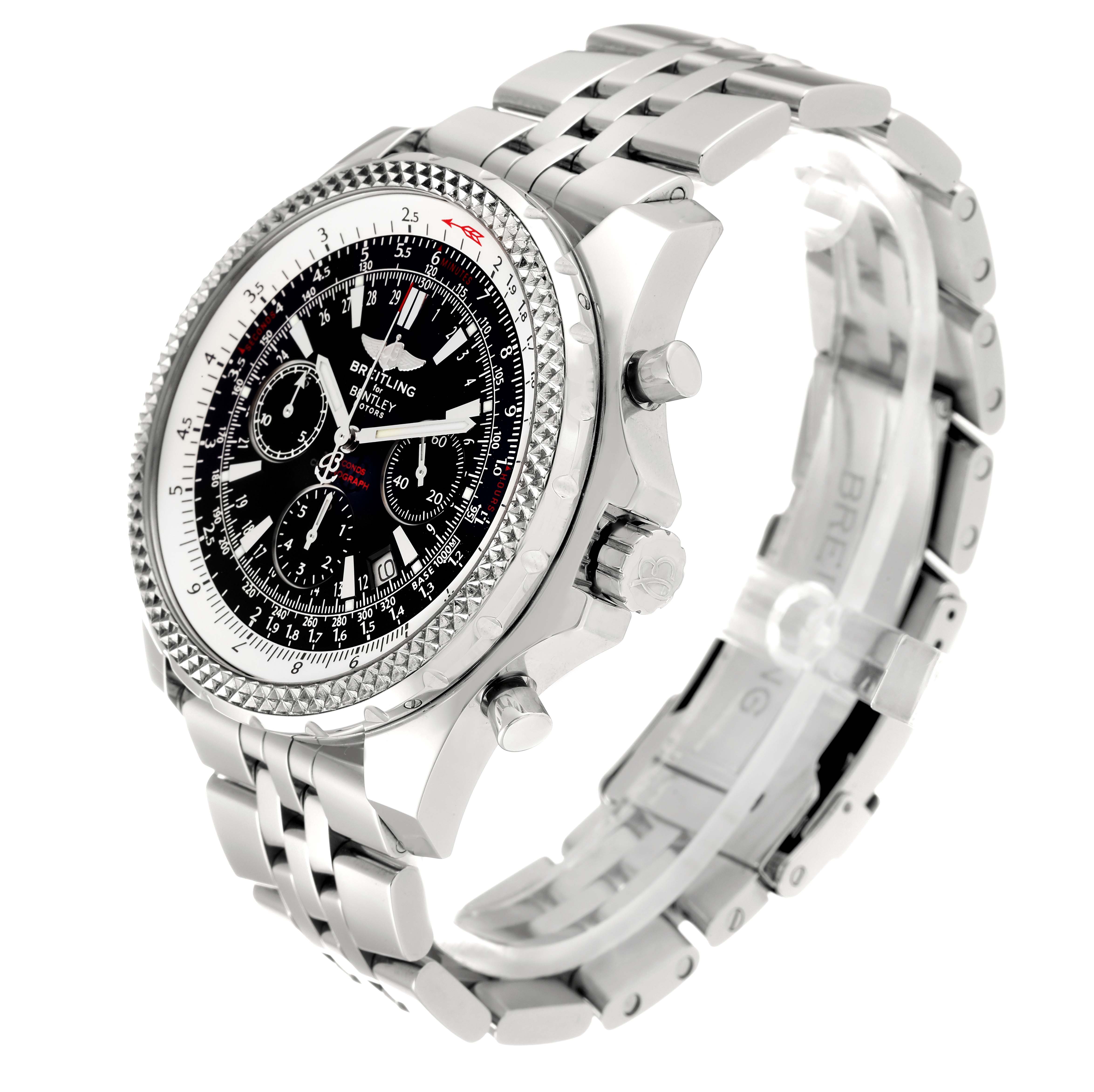 This Breitling Bentley A25362 Men's Stainless Steel Black Dial A25362 Men's Stainless Steel Black Dial model watch is shown from an angled side view, displaying the face, crown, pushers, and bracelet.