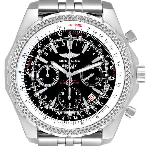 This image shows a front view of the Breitling Bentley model watch, displaying the dial, bezel, and parts of the bracelet.