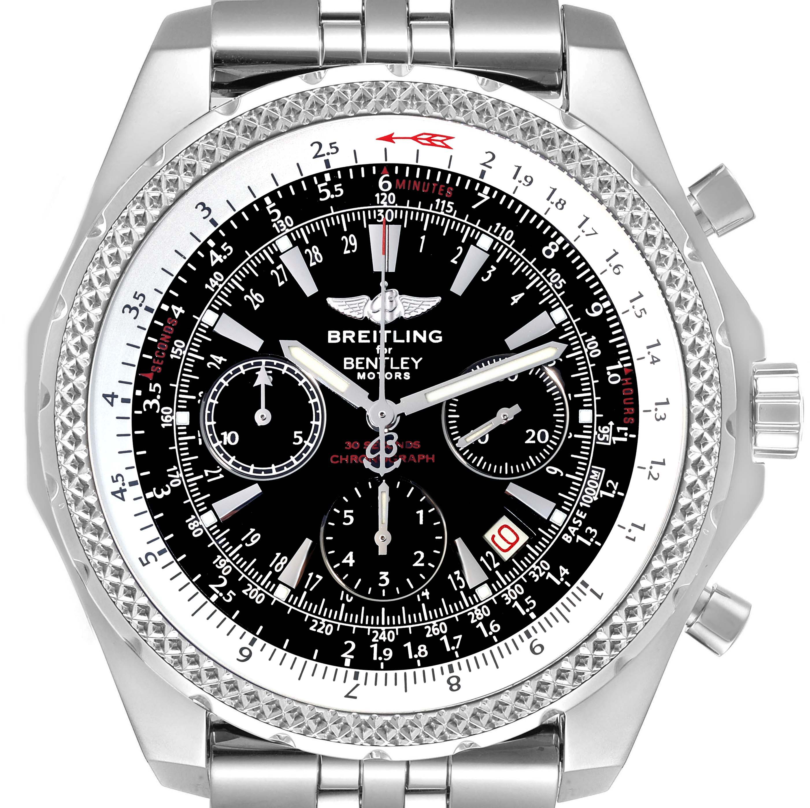 The image shows a front view of the Breitling Bentley A25362 Men's Stainless Steel Black Dial A25362 Men's Stainless Steel Black Dial watch, highlighting its dial, bezel, and bracelet.