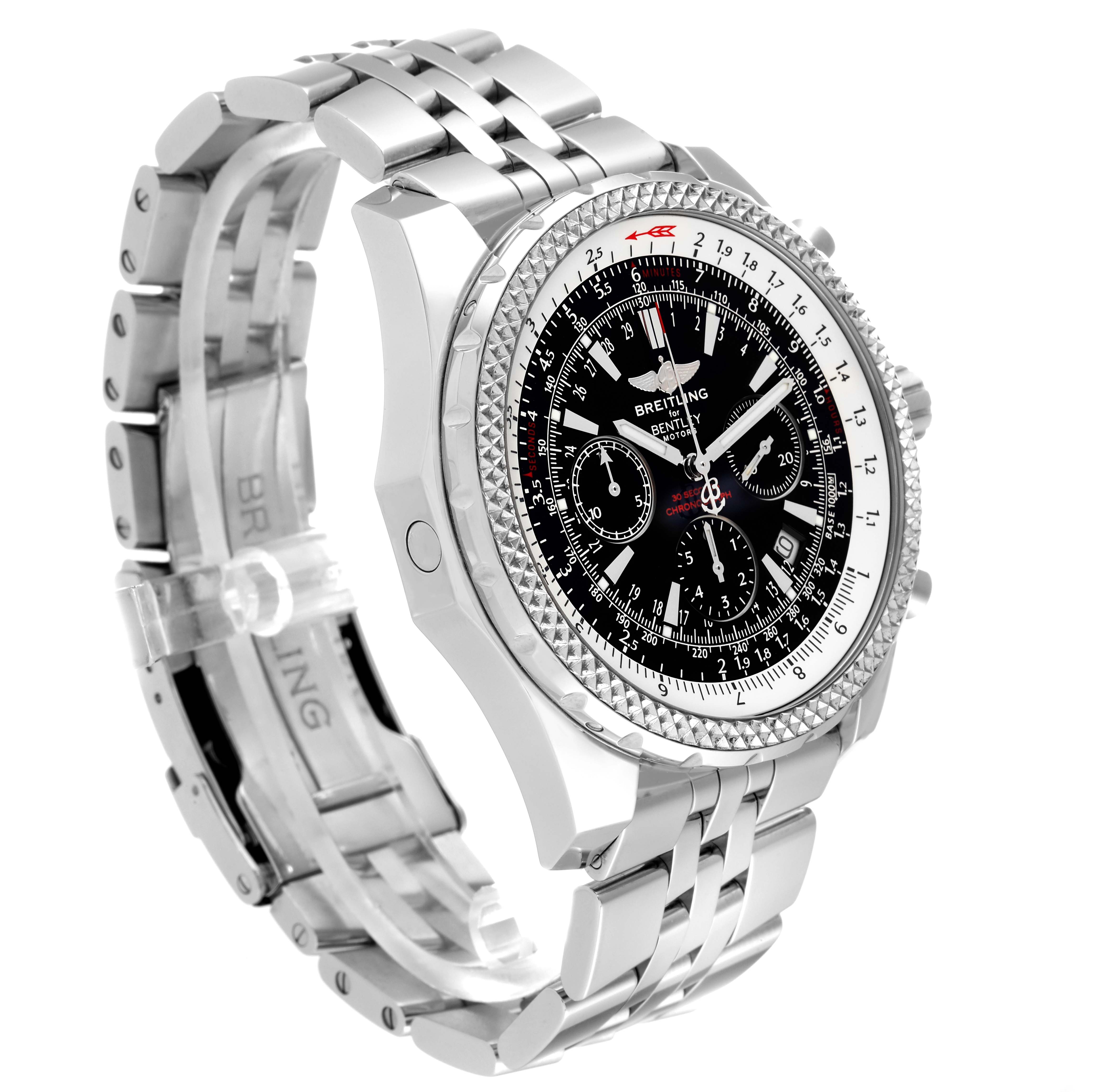 The Breitling Bentley A25362 Men's Stainless Steel Black Dial A25362 Men's Stainless Steel Black Dial model watch is displayed at an angle showcasing the face, bezel, and metal bracelet.