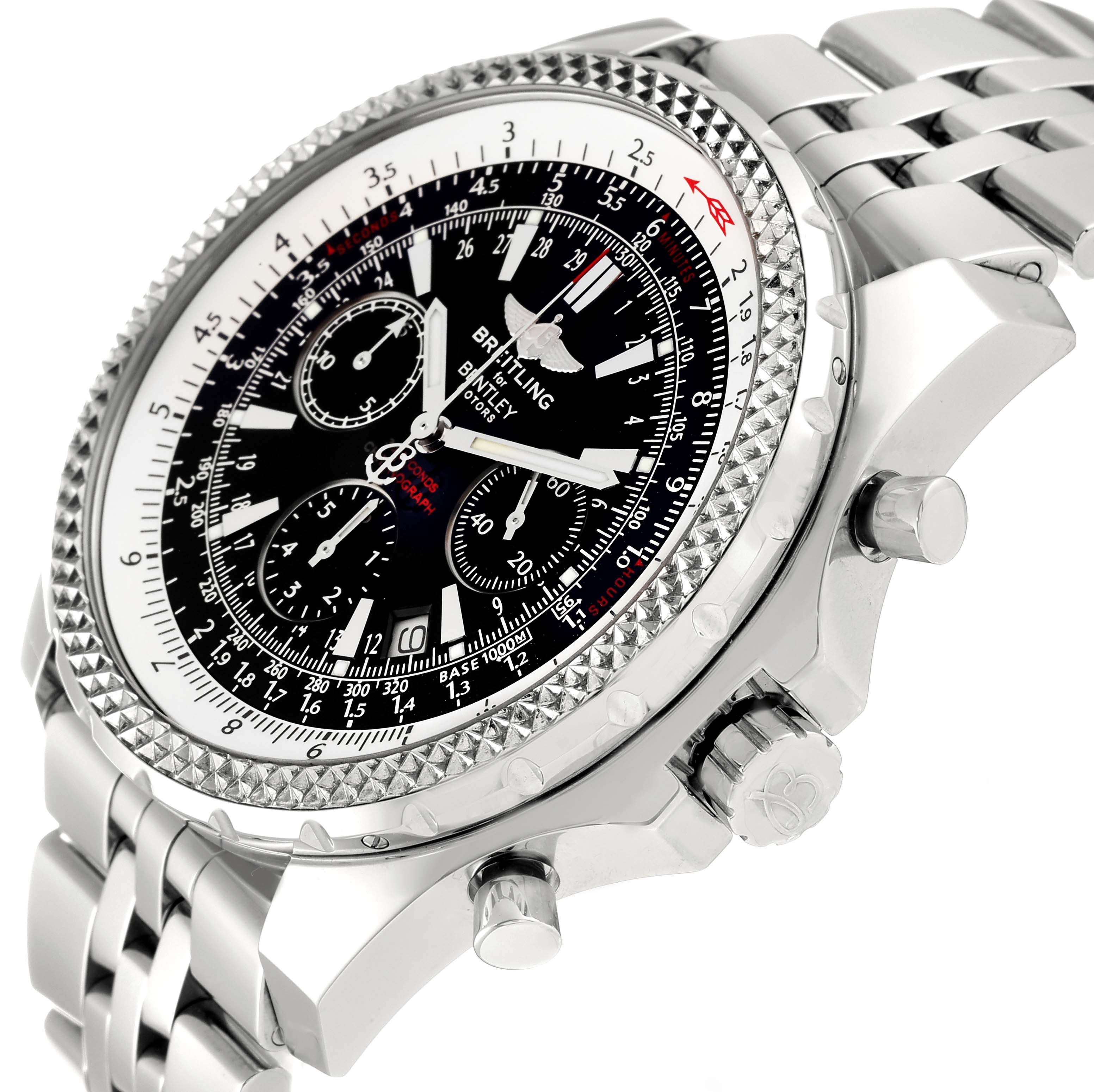 The image shows a Breitling Bentley A25362 Men's Stainless Steel Black Dial A25362 Men's Stainless Steel Black Dial watch at an angle highlighting the dial, bezel, crown, and stainless steel bracelet.