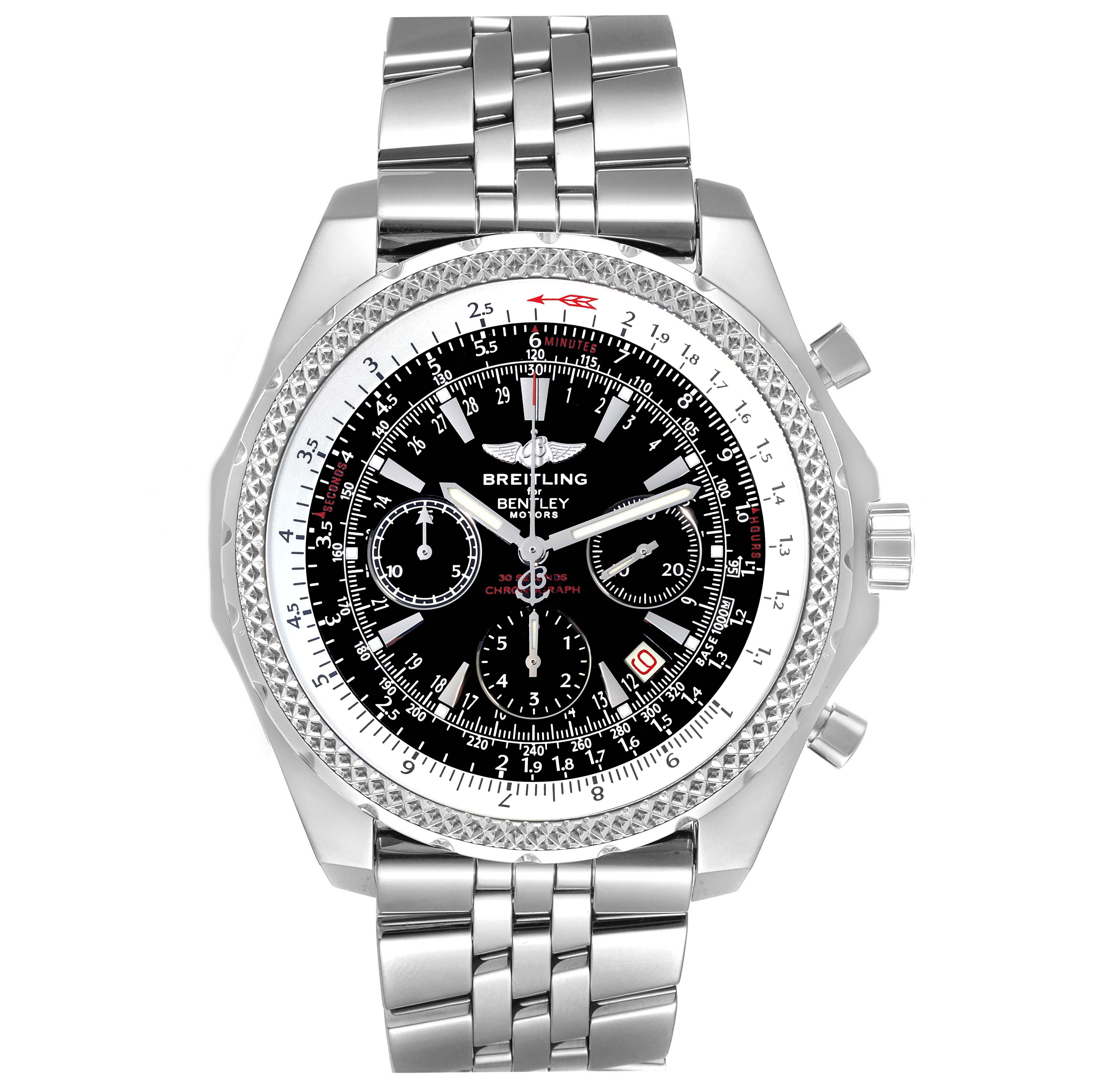 The image shows a front view of the Breitling Bentley A25362 Men's Stainless Steel Black Dial A25362 Men's Stainless Steel Black Dial model watch, featuring its dial, subdials, bezel, and metallic strap.