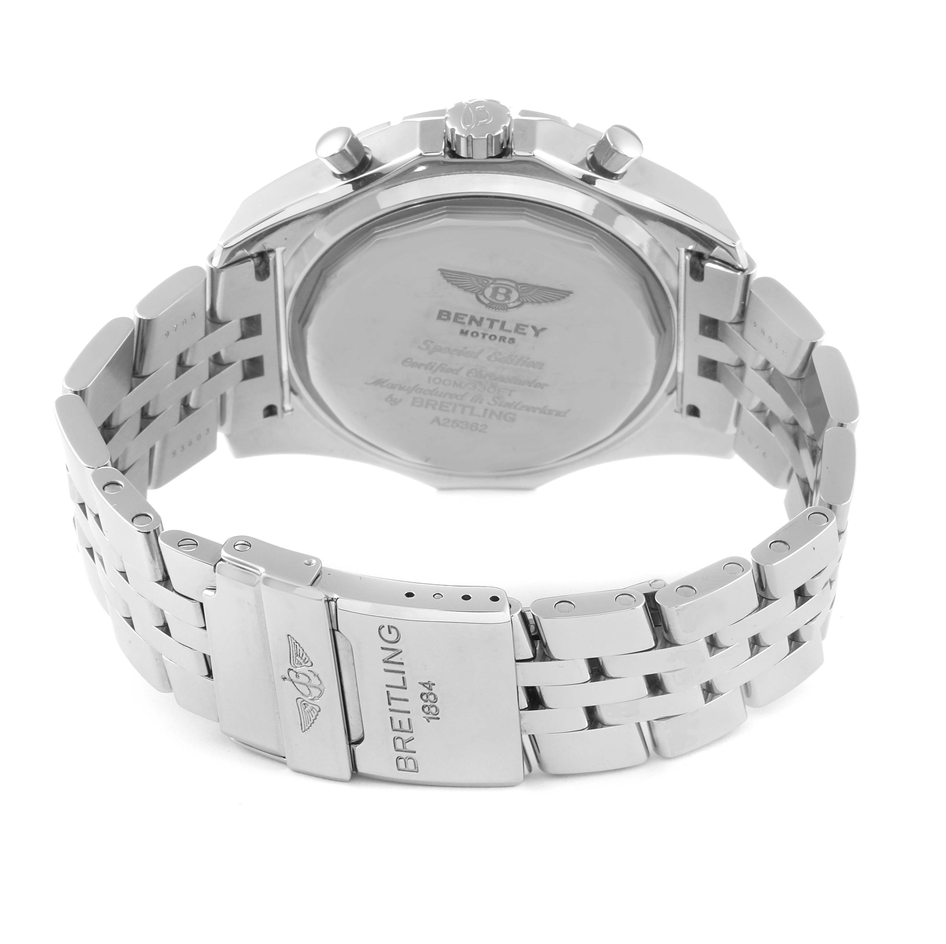 The image shows the backside of a Breitling Bentley A25362 Men's Stainless Steel Black Dial A25362 Men's Stainless Steel Black Dial watch, featuring the case back and the metal bracelet with the clasp visible.