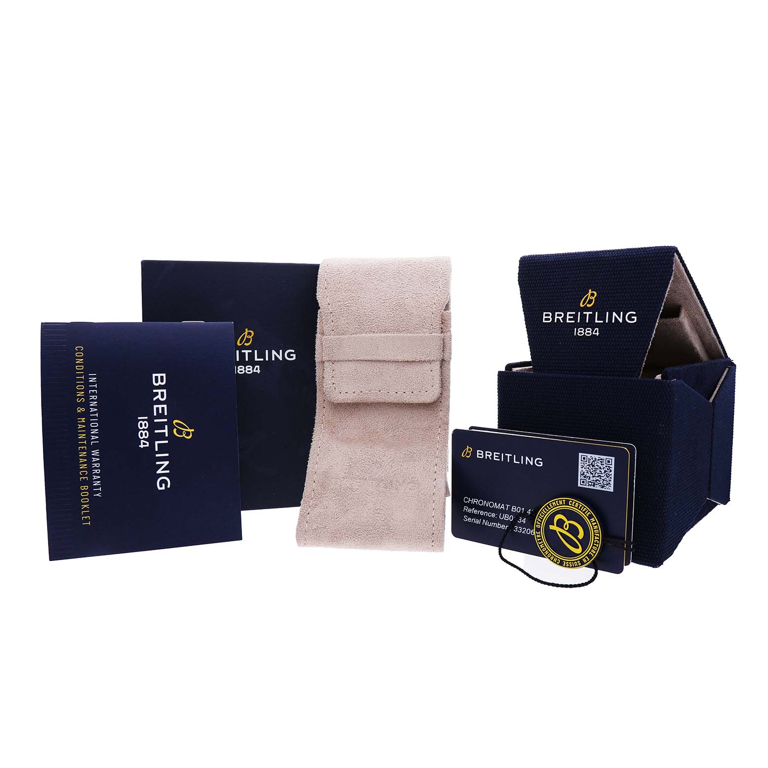 The image shows accessories for the Breitling Chronomat UB0134101C1U1 Men's Stainless Steel Blue Dial, including a pouch, warranty booklet, certificate, and presentation box.