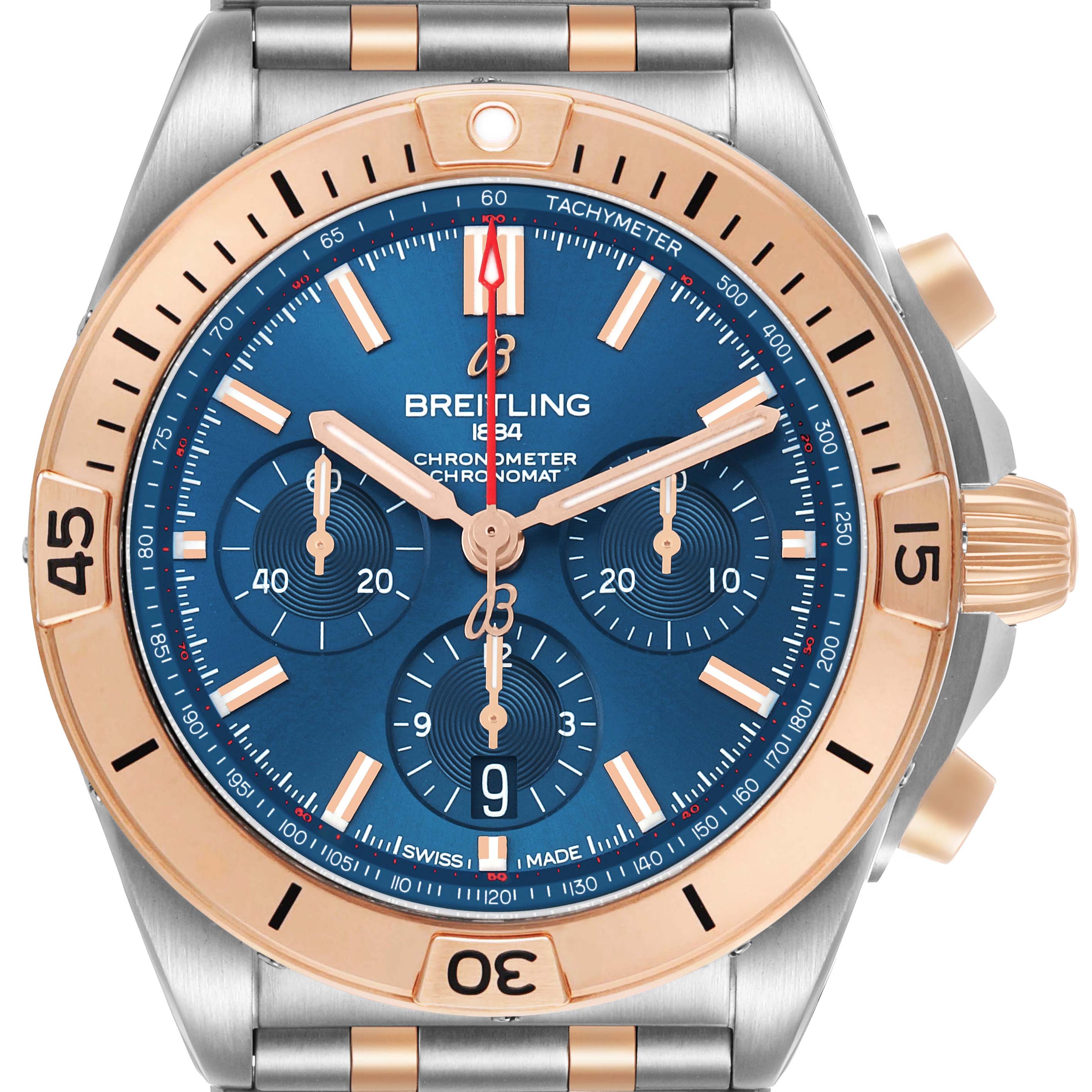 The Breitling Chronomat UB0134101C1U1 Men's Stainless Steel Blue Dial watch is shown from the front, highlighting the dial, bezel, subdials, and part of the bracelet.