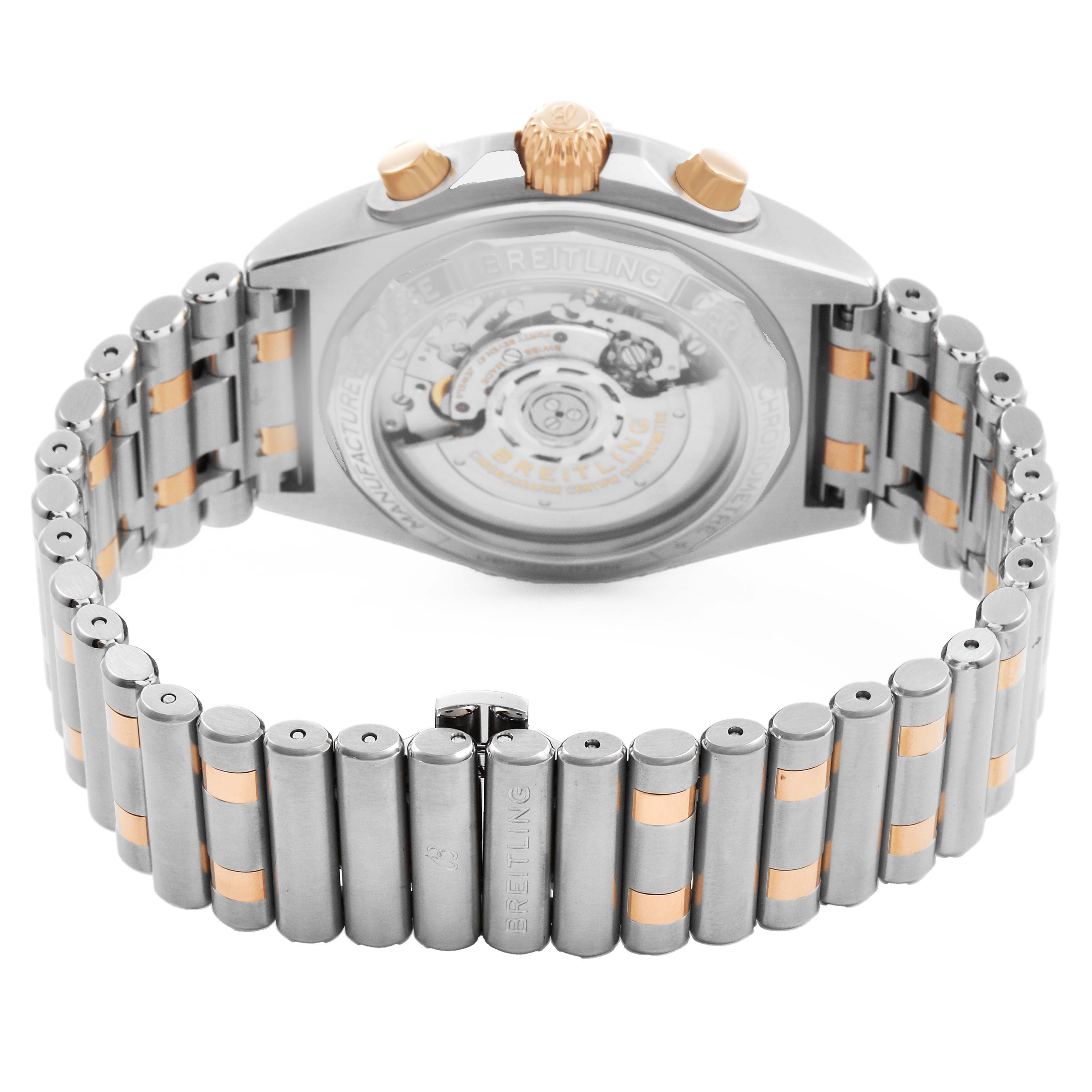 The Breitling Chronomat UB0134101C1U1 Men's Stainless Steel Blue Dial watch is shown from the back, displaying the case back and bracelet with clasp and crown detail.
