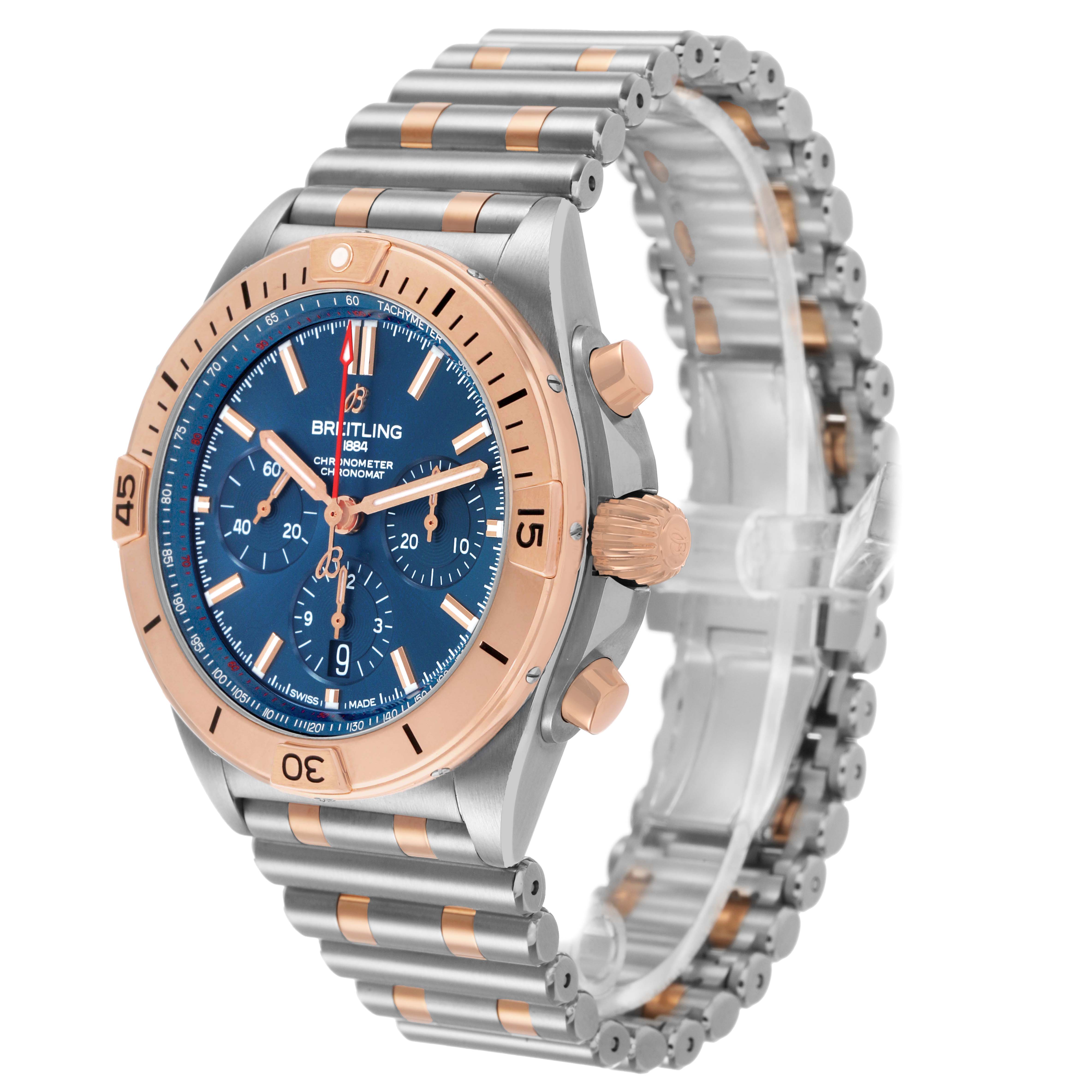 The Breitling Chronomat UB0134101C1U1 Men's Stainless Steel Blue Dial watch is shown at a three-quarter angle, featuring its face, bezel, pushers, crown, and bracelet.