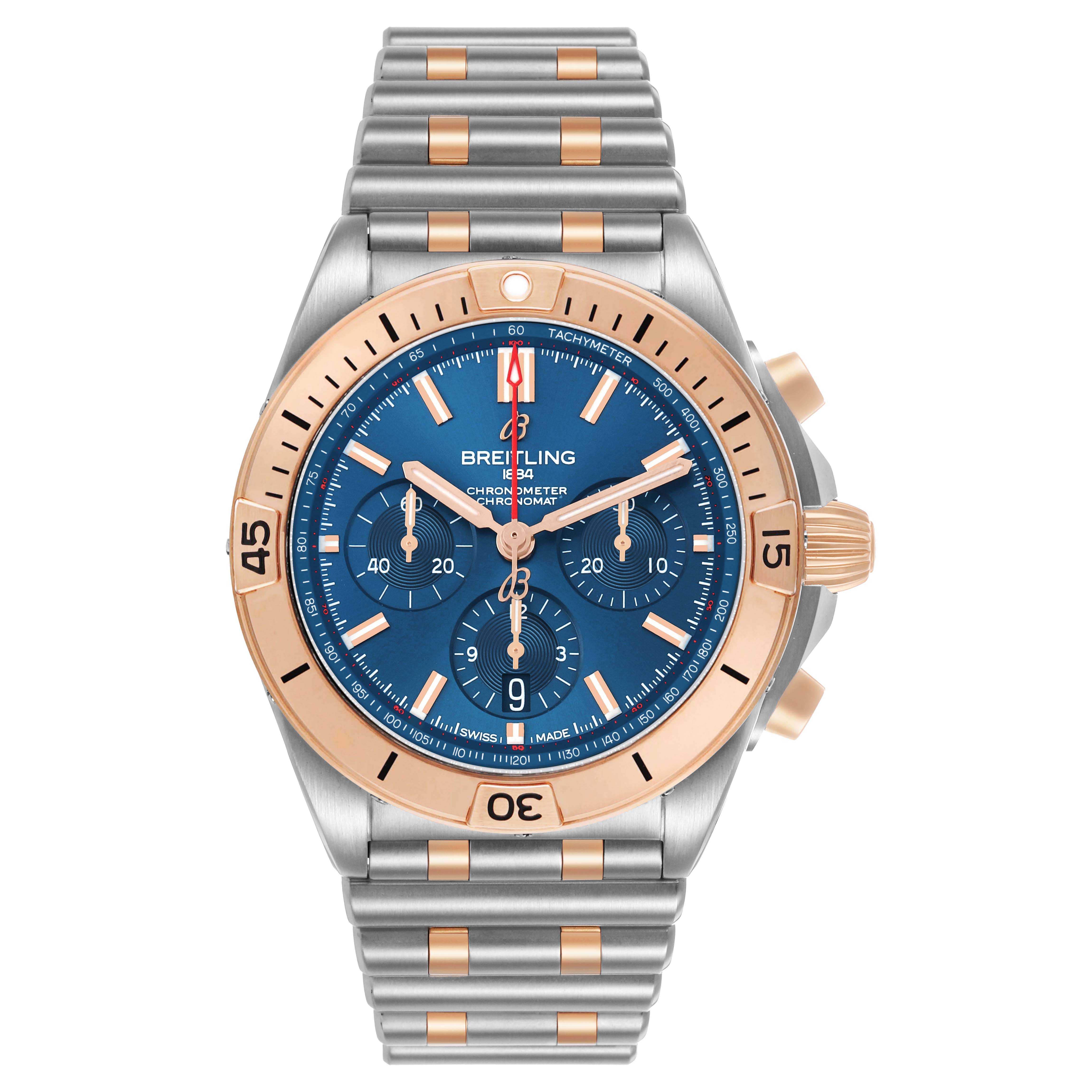 The Breitling Chronomat UB0134101C1U1 Men's Stainless Steel Blue Dial watch is shown from the front, highlighting its face, bezel, crown, and bracelet.