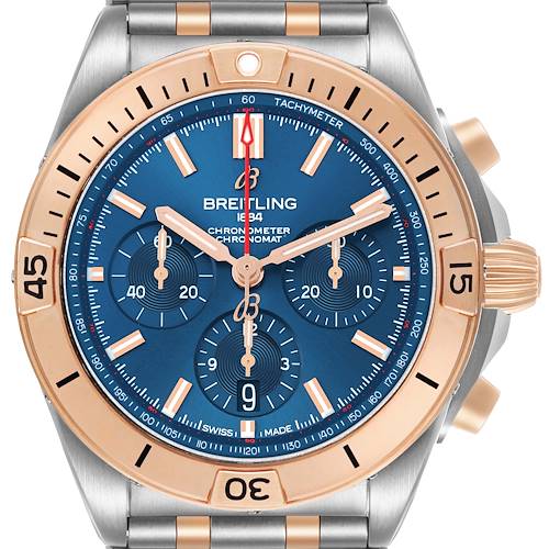 The Breitling Chronomat UB0134101C1U1 Men's Stainless Steel Blue Dial watch is shown from the front, highlighting the dial, bezel, subdials, and crown.