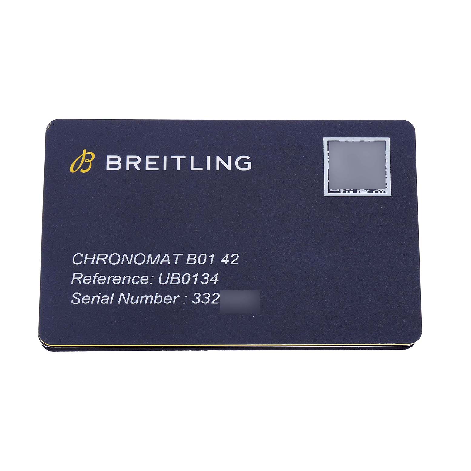 The image shows a Breitling Chronomat UB0134101C1U1 Men's Stainless Steel Blue Dial B01 42 warranty or registration card with model and serial details.