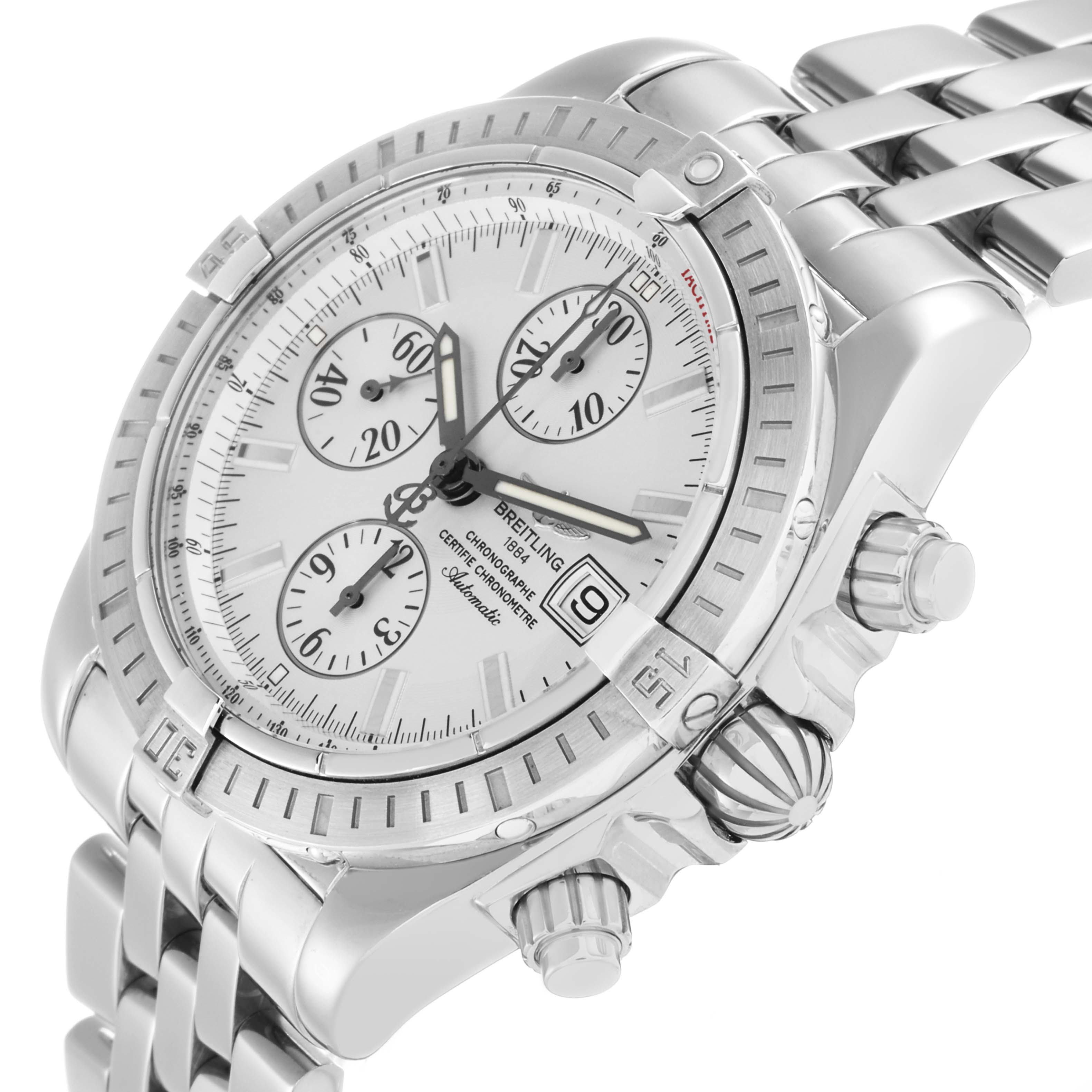 The Breitling Chronomat A13356 Men
s Stainless Steel Silver Dial watch is shown at a three-quarter angle, highlighting the face, bezel, crown, and chronograph pushers.