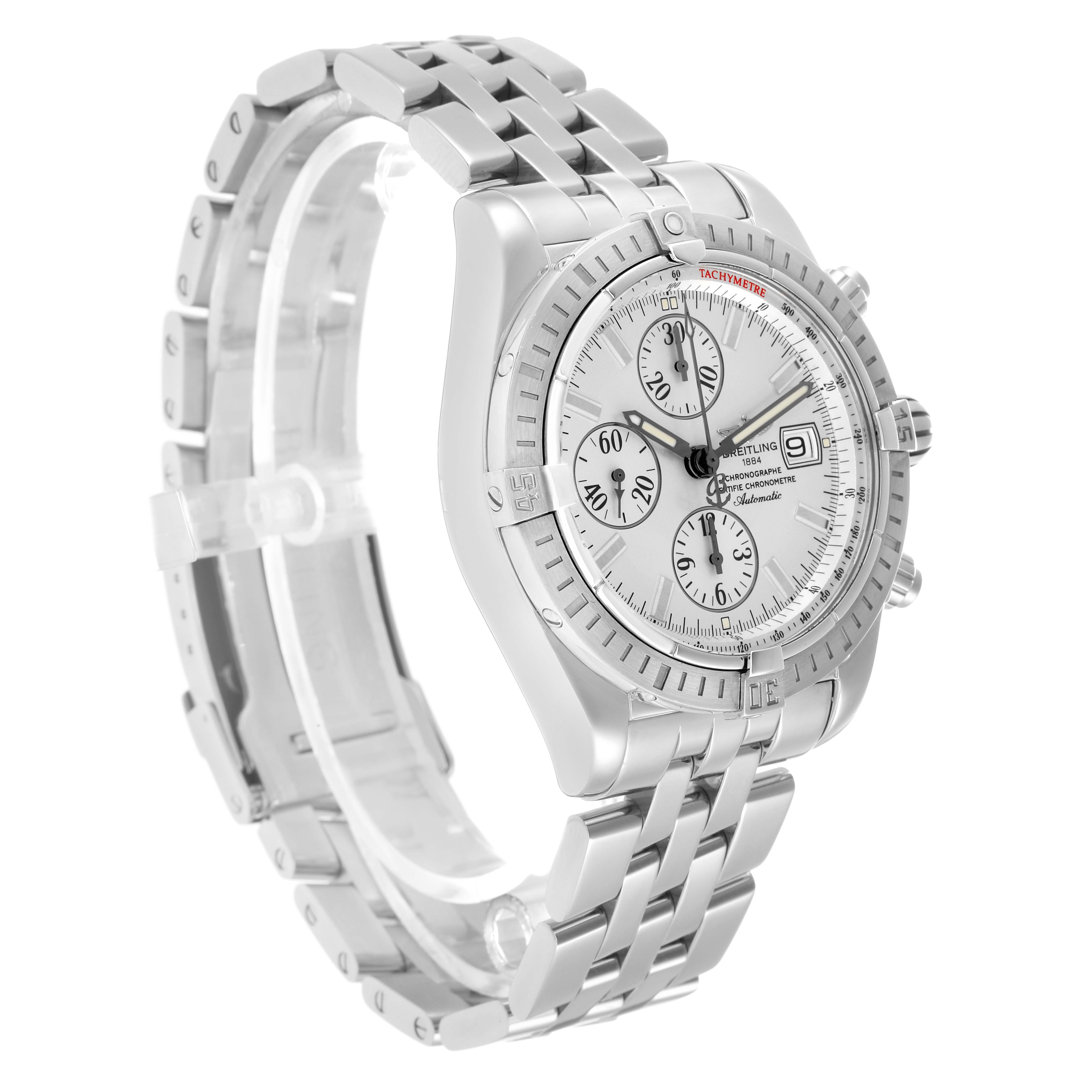 The Breitling Chronomat A13356 Men
s Stainless Steel Silver Dial watch is shown at a three-quarter angle, highlighting the face, bezel, crown, and metal bracelet.