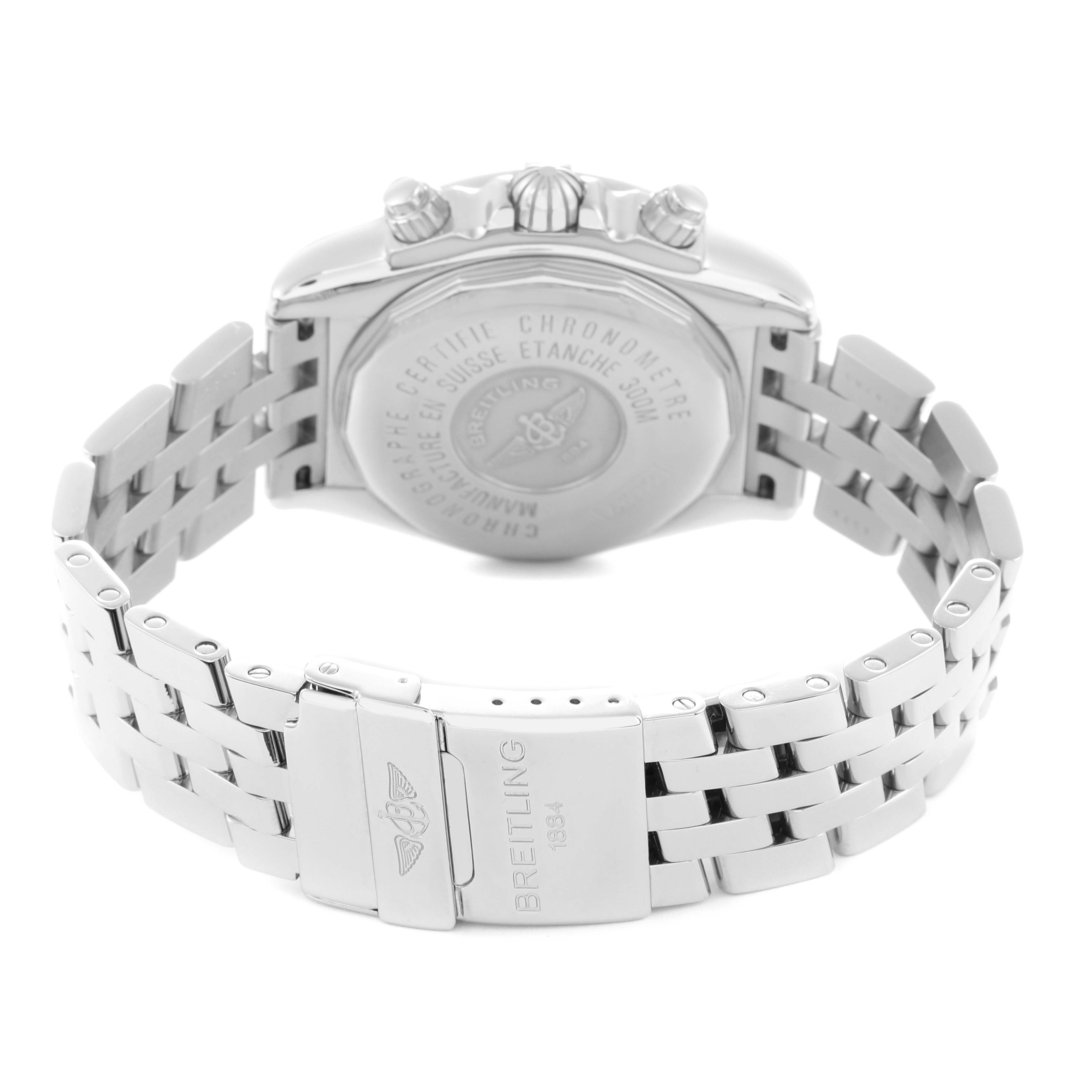 The image shows the back view of a Breitling Chronomat A13356 Men
s Stainless Steel Silver Dial, highlighting the case back and metal bracelet.