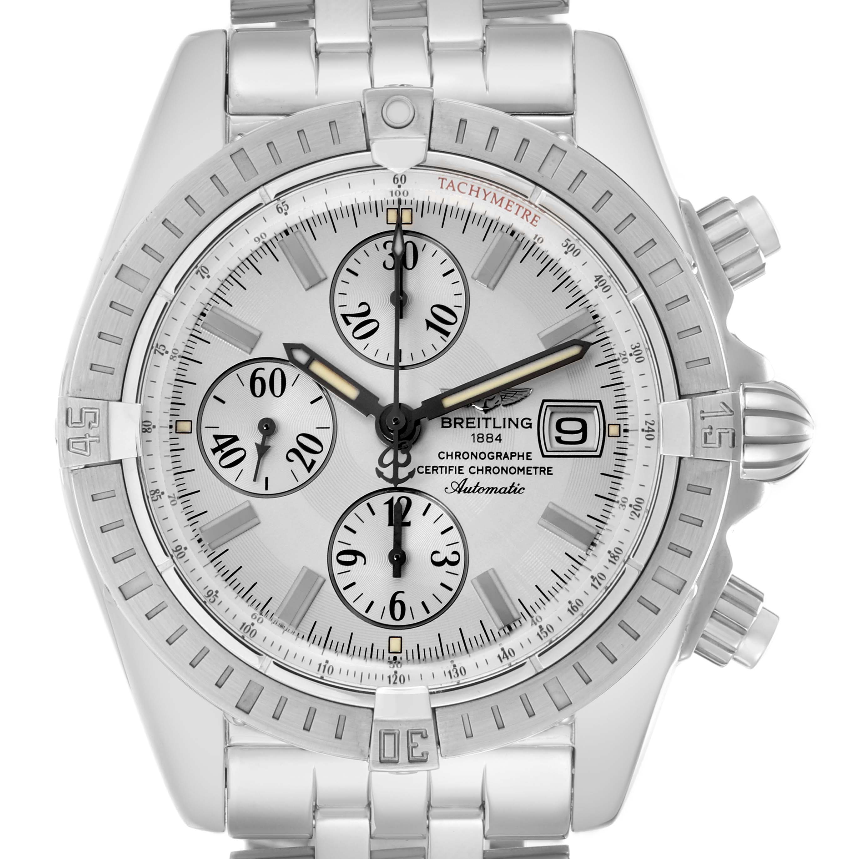 The Breitling Chronomat A13356 Men
s Stainless Steel Silver Dial watch is shown from a frontal angle, displaying the dial, bezel, crown, and chronograph subdials.