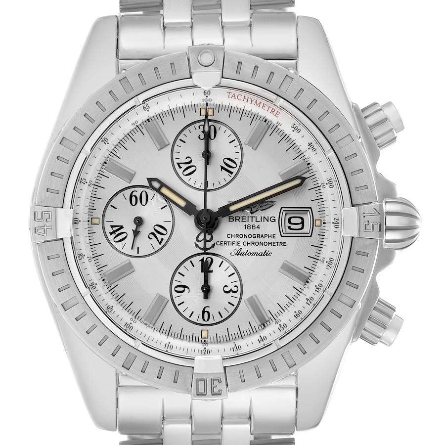 The Breitling Chronomat A13356 Men's Stainless Steel Silver Dial watch is shown from a frontal angle, displaying the dial, bezel, crown, and chronograph subdials.