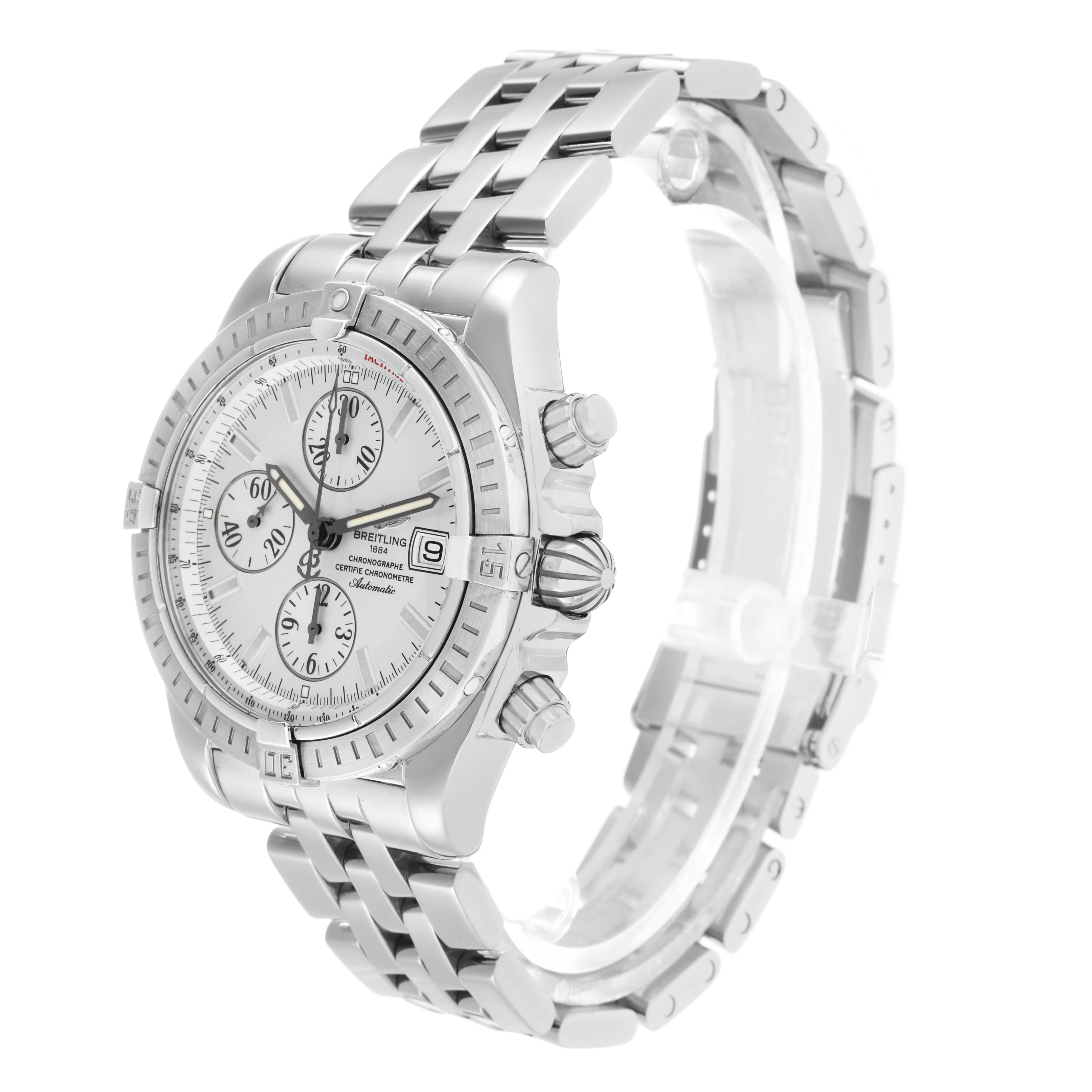 The Breitling Chronomat A13356 Men
s Stainless Steel Silver Dial watch is shown from a three-quarter angle, highlighting the dial, bezel, and bracelet.