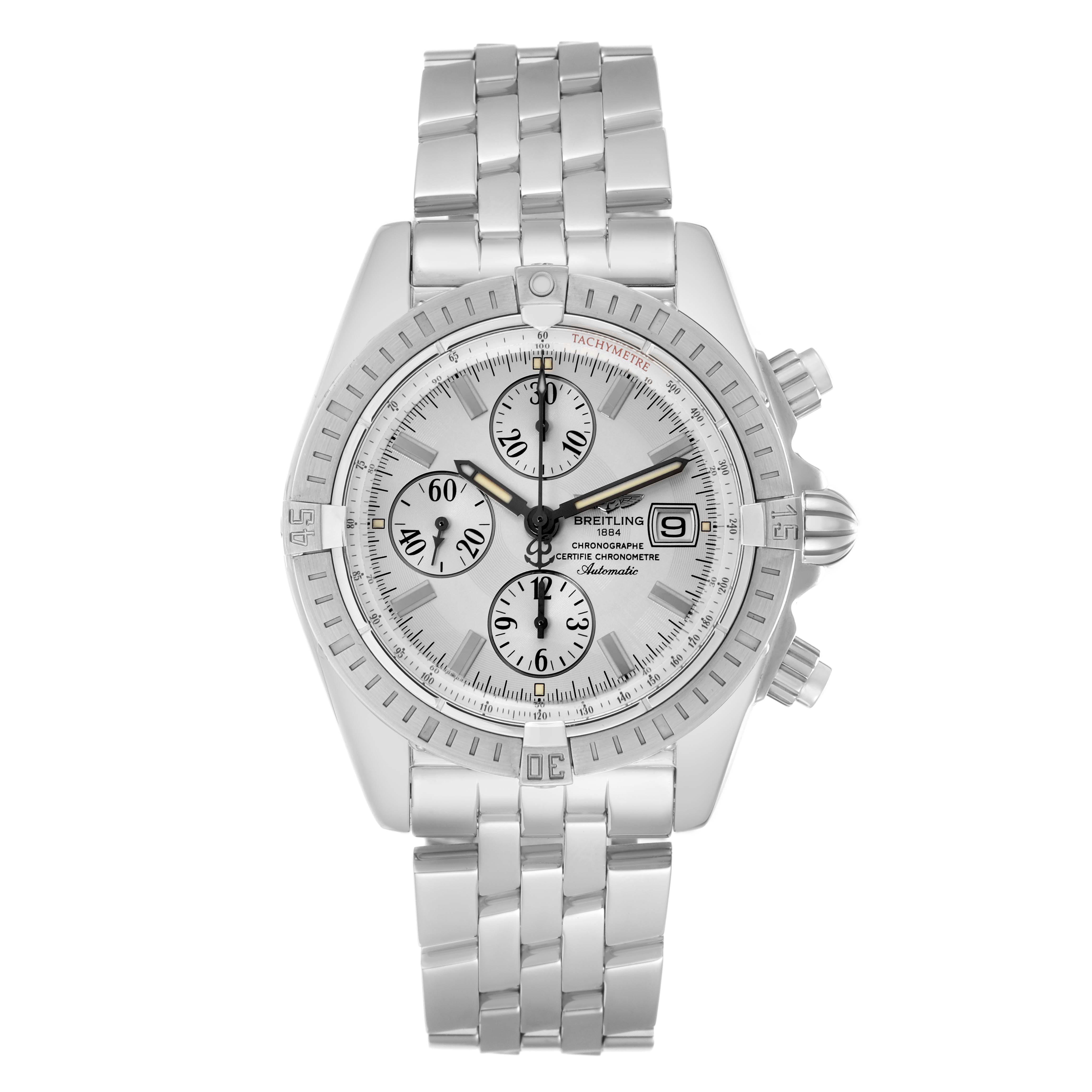 The Breitling Chronomat A13356 Men
s Stainless Steel Silver Dial watch is shown from the front, highlighting the dial, bezel, and stainless steel bracelet.