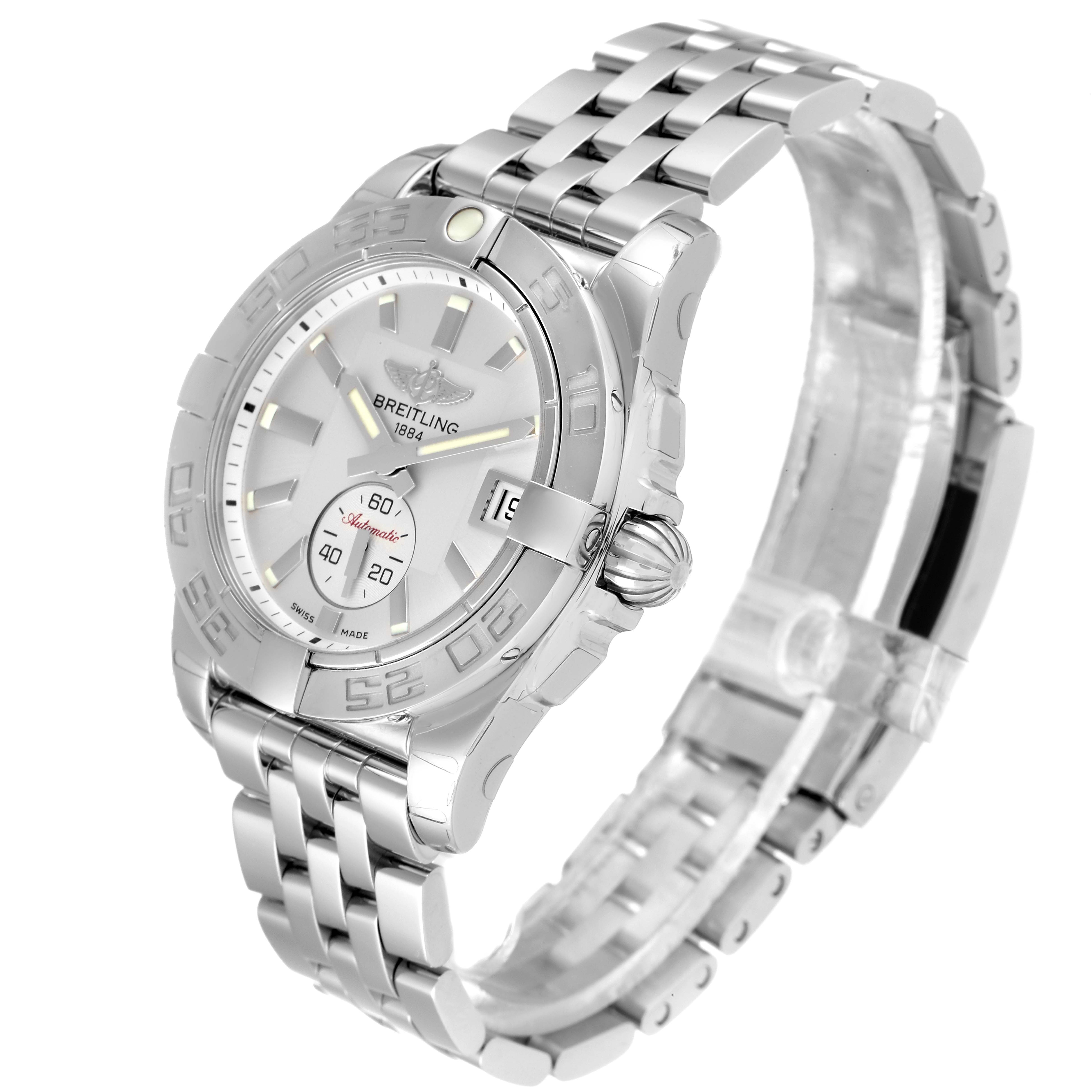 The image shows a top-right angled view of the Breitling A37330 Women's Stainless Steel Silver Dial A37330 Women's Stainless Steel Silver Dial Galactic 36 Silver Dial Steel Ladies Watch A37330, highlighting its dial and bracelet.