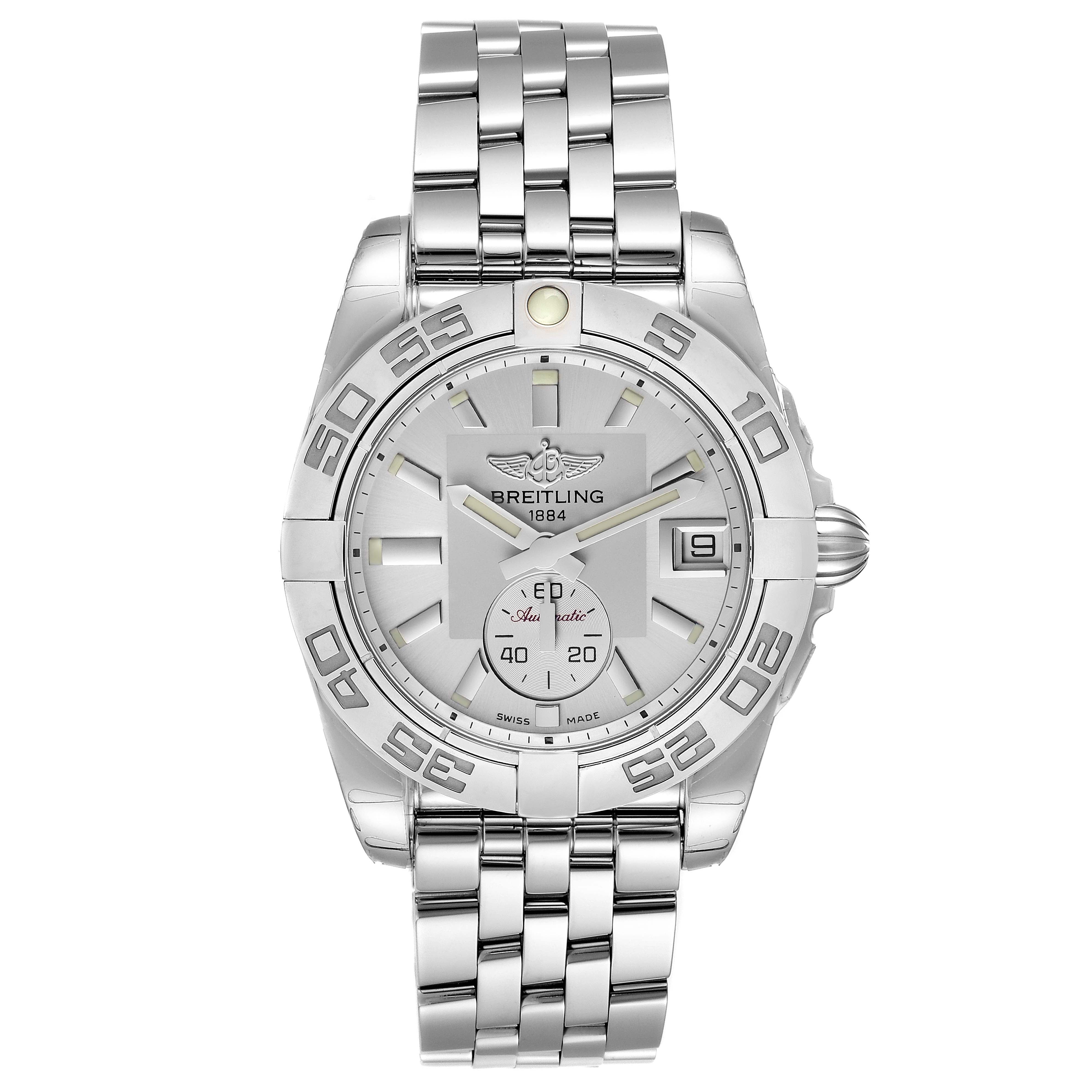 The image shows a front view of the Breitling A37330 Women's Stainless Steel Silver Dial A37330 Women's Stainless Steel Silver Dial Galactic 36 Silver Dial Steel Ladies Watch A37330.
