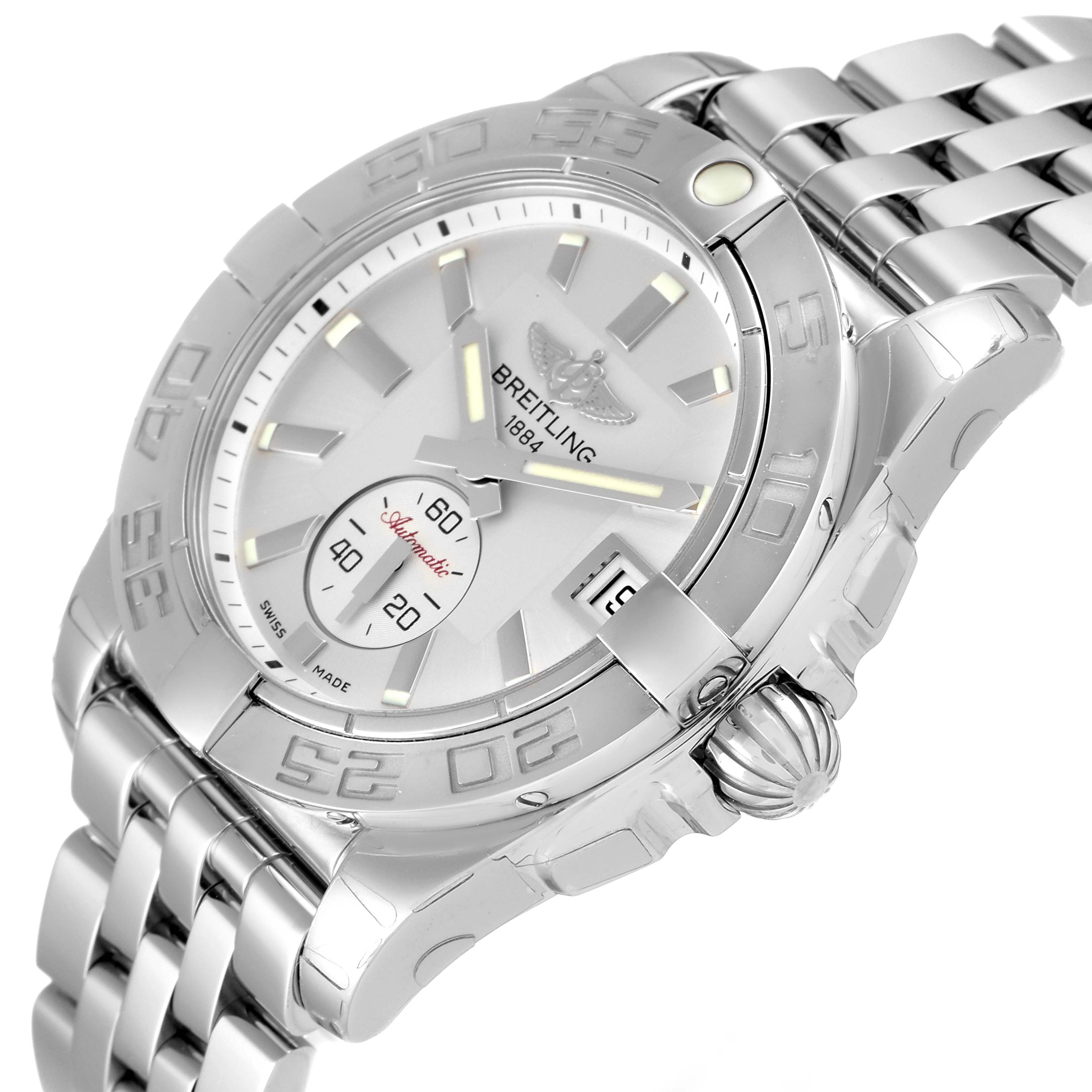 The Breitling A37330 Women's Stainless Steel Silver Dial A37330 Women's Stainless Steel Silver Dial Galactic 36 Silver Dial Steel Ladies Watch A37330 is shown at an angle displaying the face, bezel, crown, and part of the bracelet.