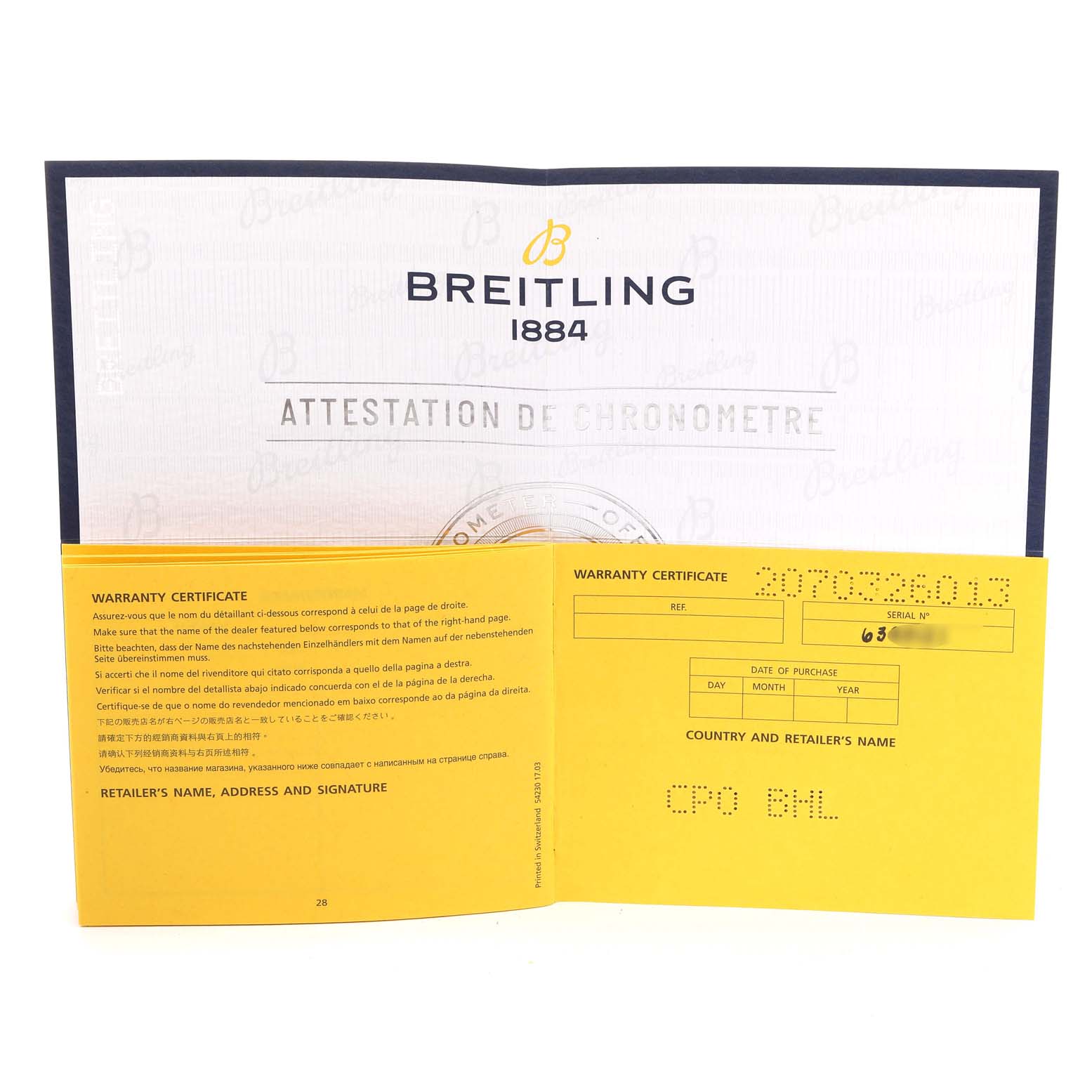 The image showcases the warranty certificate for the Breitling A37330 Women's Stainless Steel Silver Dial A37330 Women's Stainless Steel Silver Dial Galactic 36 Silver Dial Steel Ladies Watch A37330 Unworn model.