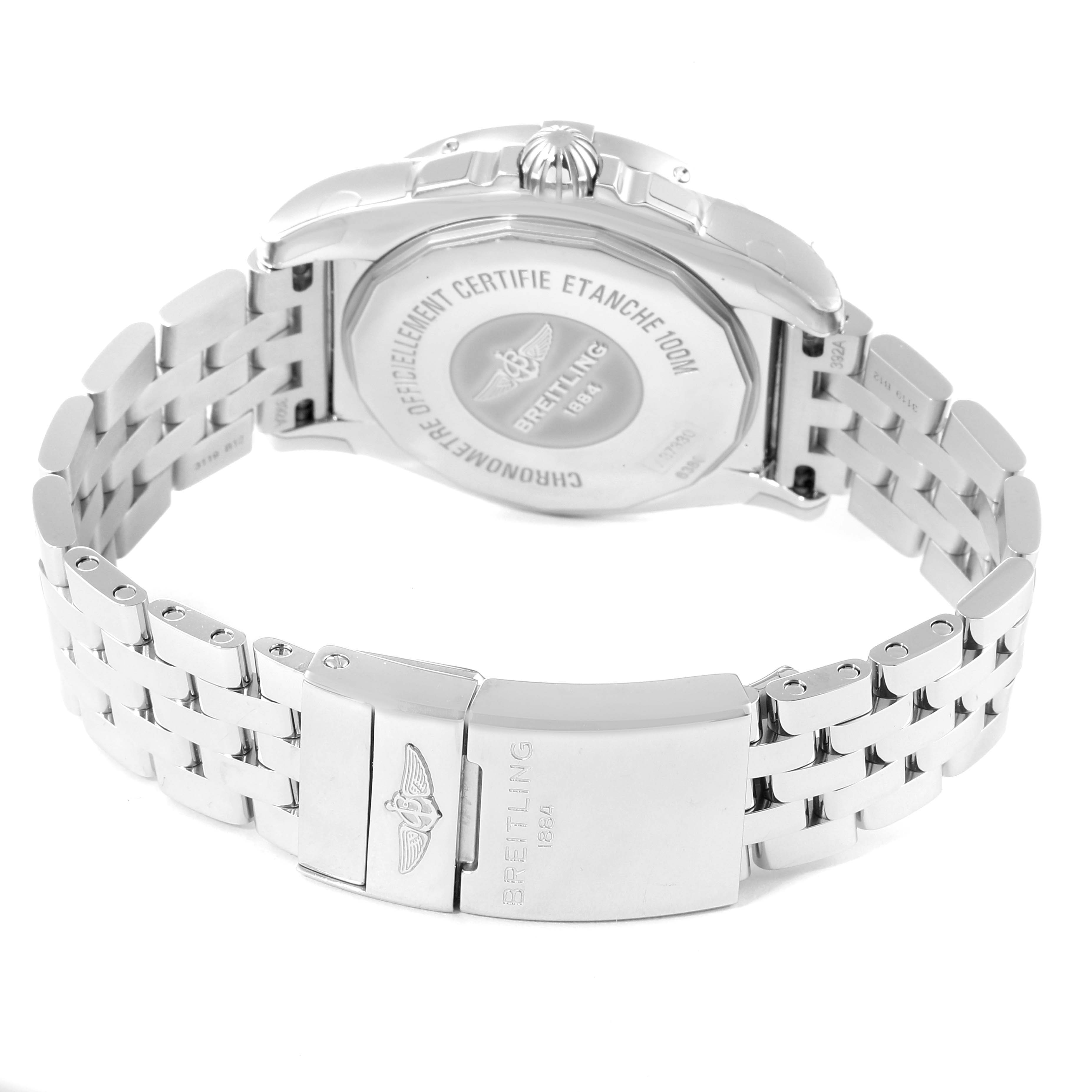 The image shows the back and clasp of the Breitling A37330 Women's Stainless Steel Silver Dial A37330 Women's Stainless Steel Silver Dial Galactic 36 Silver Dial Steel Ladies Watch A37330, highlighting the engraved details.