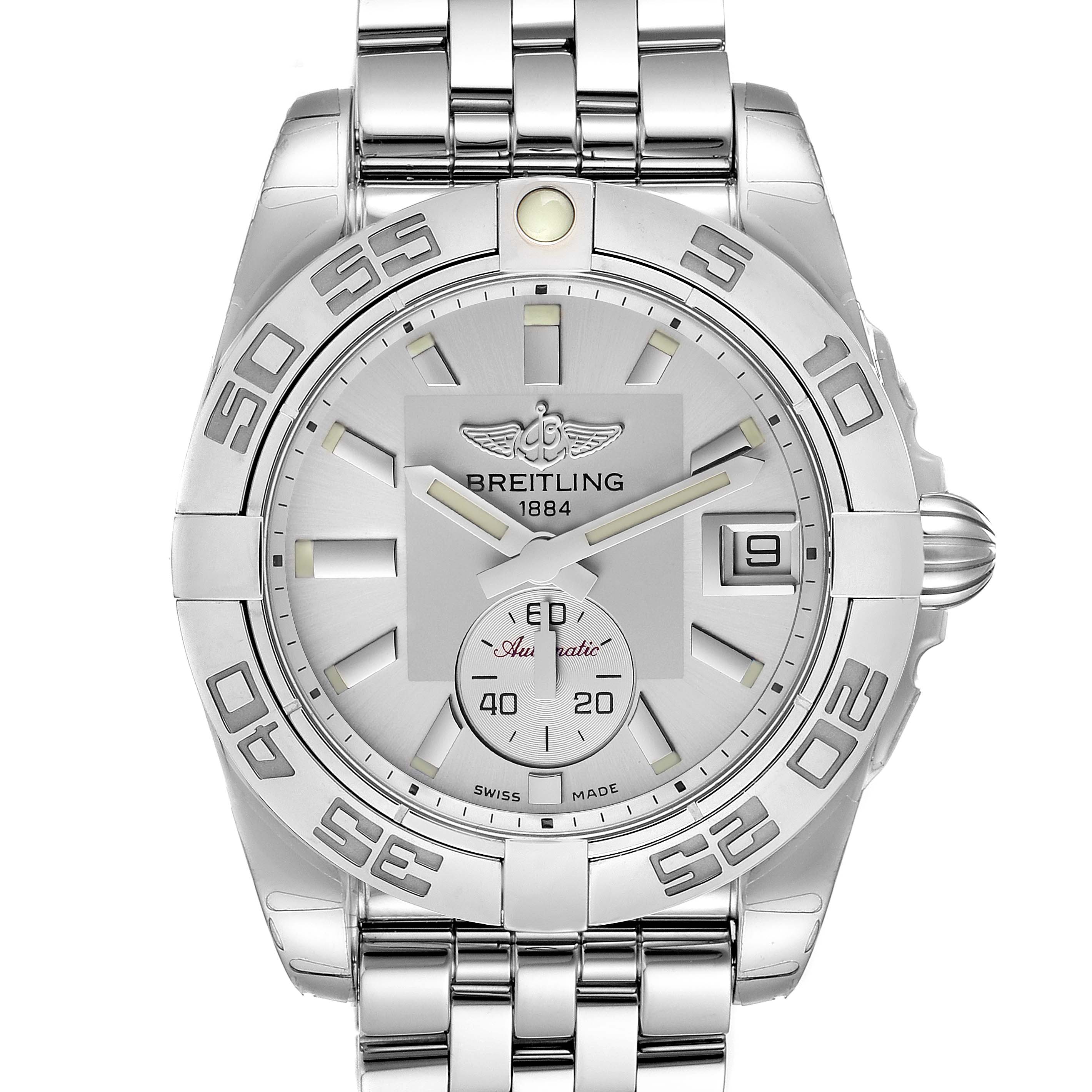 The image showcases a front view of the Breitling A37330 Women's Stainless Steel Silver Dial A37330 Women's Stainless Steel Silver Dial Galactic 36 Silver Dial Steel Ladies Watch A37330, highlighting the dial, bezel, and bracelet.
