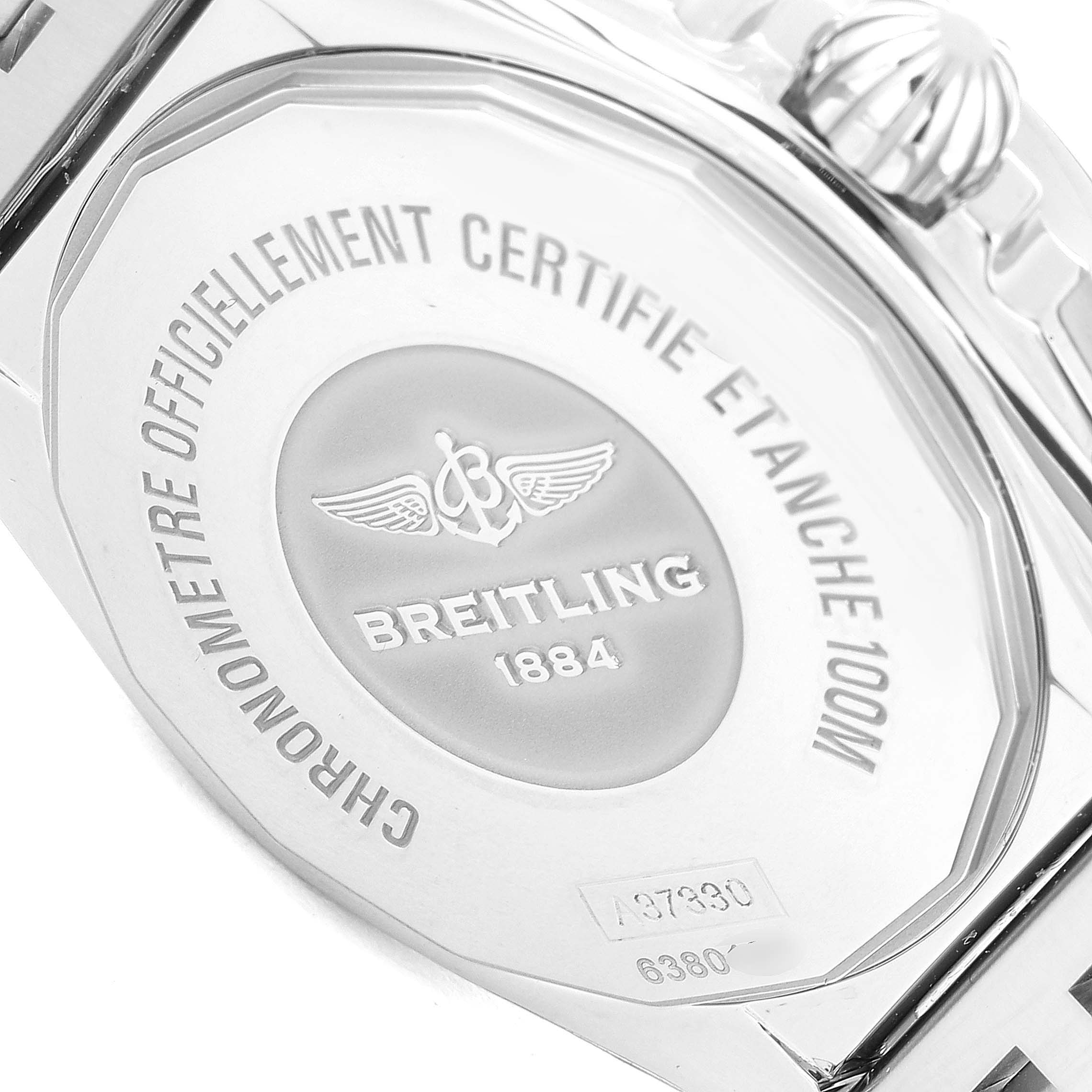 The image shows the back case of the Breitling A37330 Women's Stainless Steel Silver Dial A37330 Women's Stainless Steel Silver Dial Galactic 36 Silver Dial Steel Ladies Watch A37330 Unworn model.
