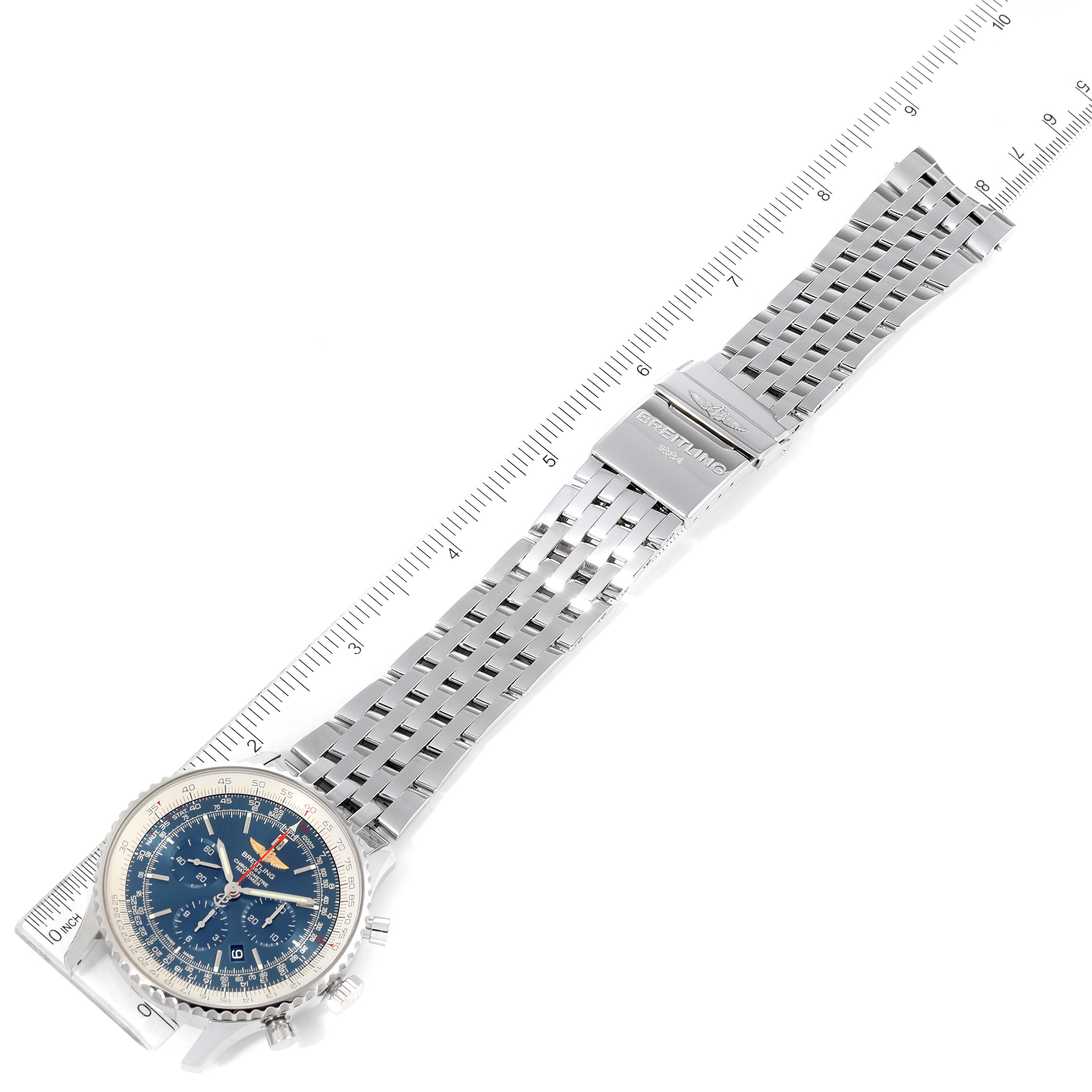 The image shows a Breitling Navitimer AB012721-C889-453A Men's Stainless Steel Blue Dial AB012721-C889-453A Men's Stainless Steel Blue Dial watch viewed from above, highlighting its full metal bracelet and clasp.