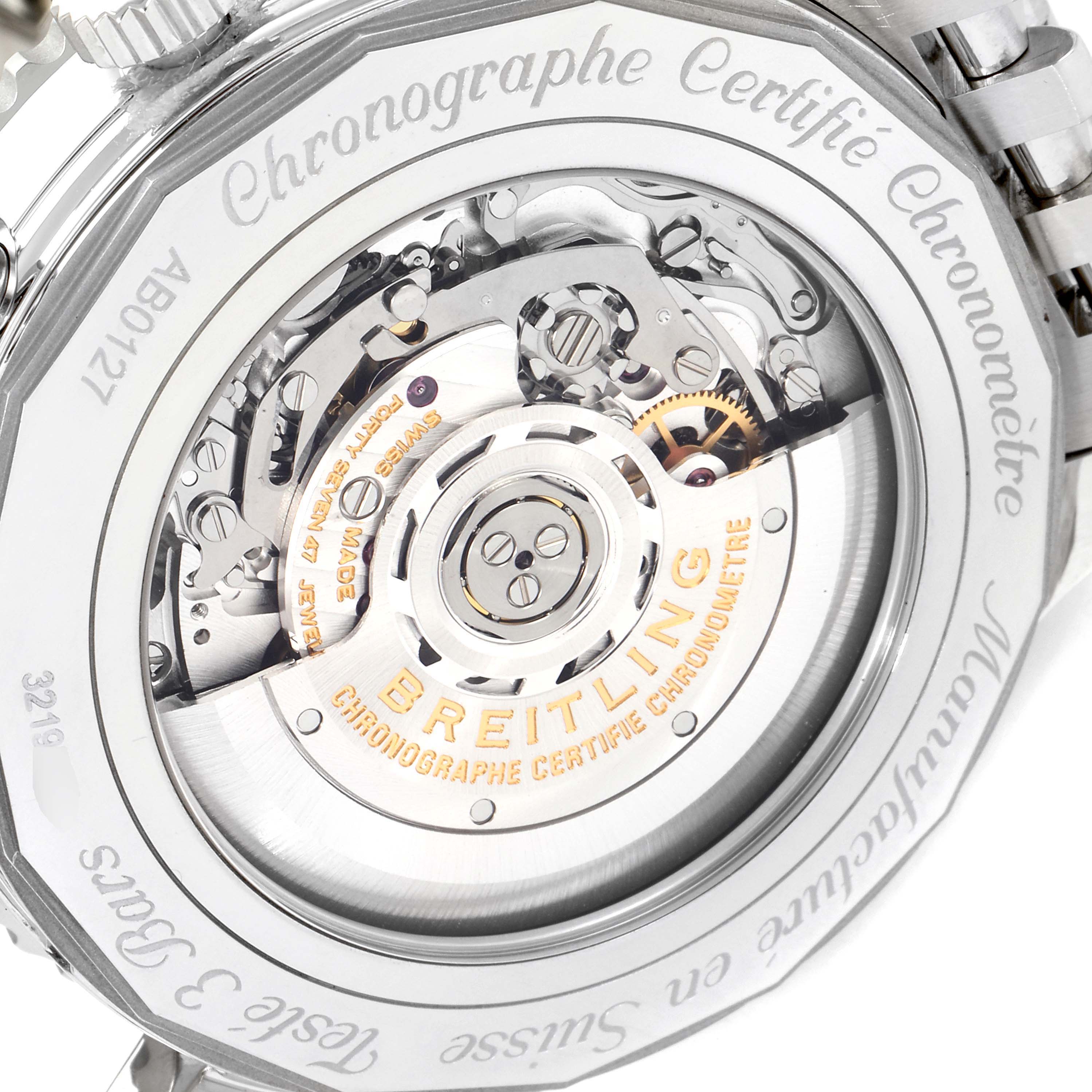 The image shows the back view of the Breitling Navitimer AB012721-C889-453A Men's Stainless Steel Blue Dial AB012721-C889-453A Men's Stainless Steel Blue Dial watch, displaying its intricate internal mechanics.