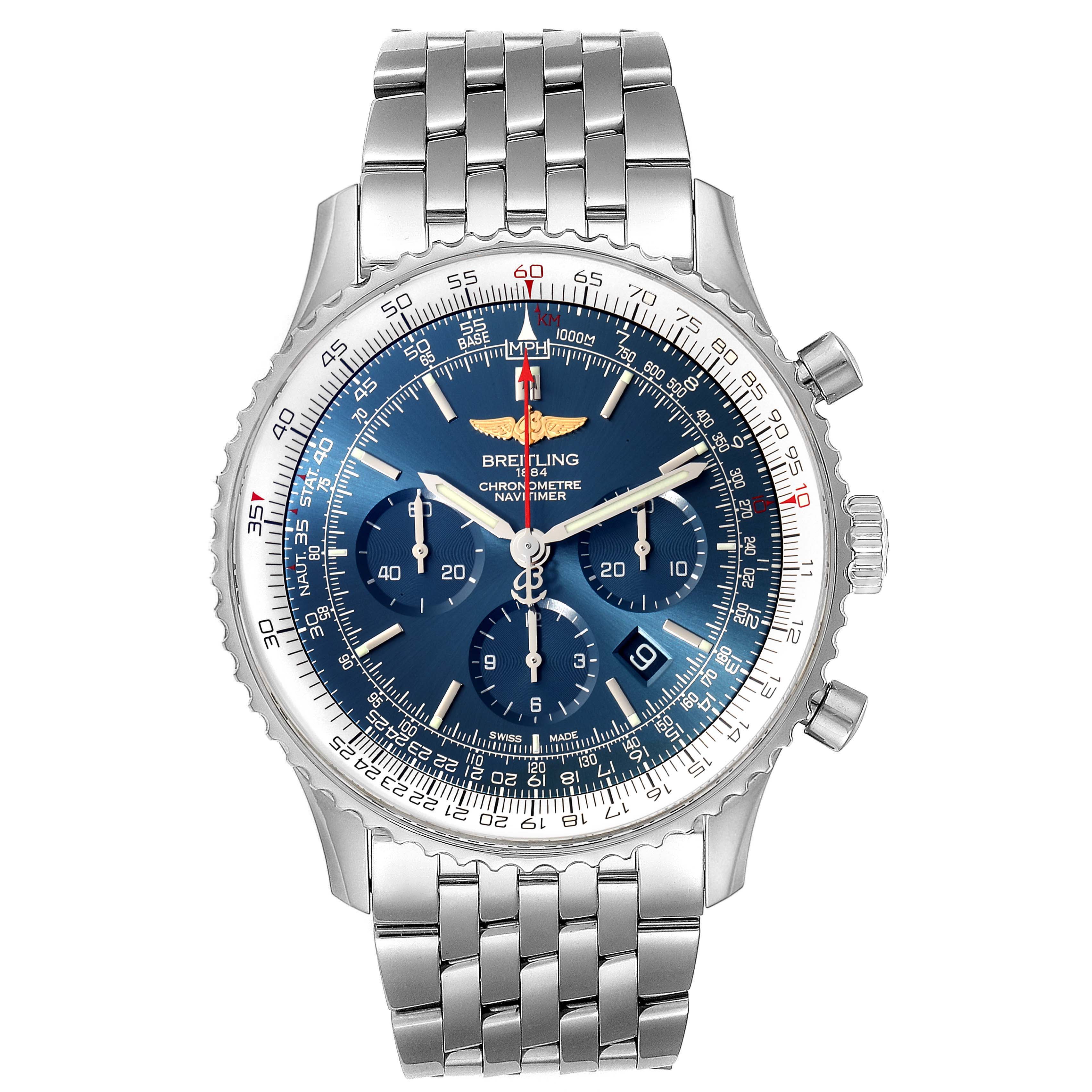 The image shows a frontal view of a Breitling Navitimer AB012721-C889-453A Men's Stainless Steel Blue Dial AB012721-C889-453A Men's Stainless Steel Blue Dial watch, highlighting the dial, chronograph subdials, bezel, and stainless steel bracelet.