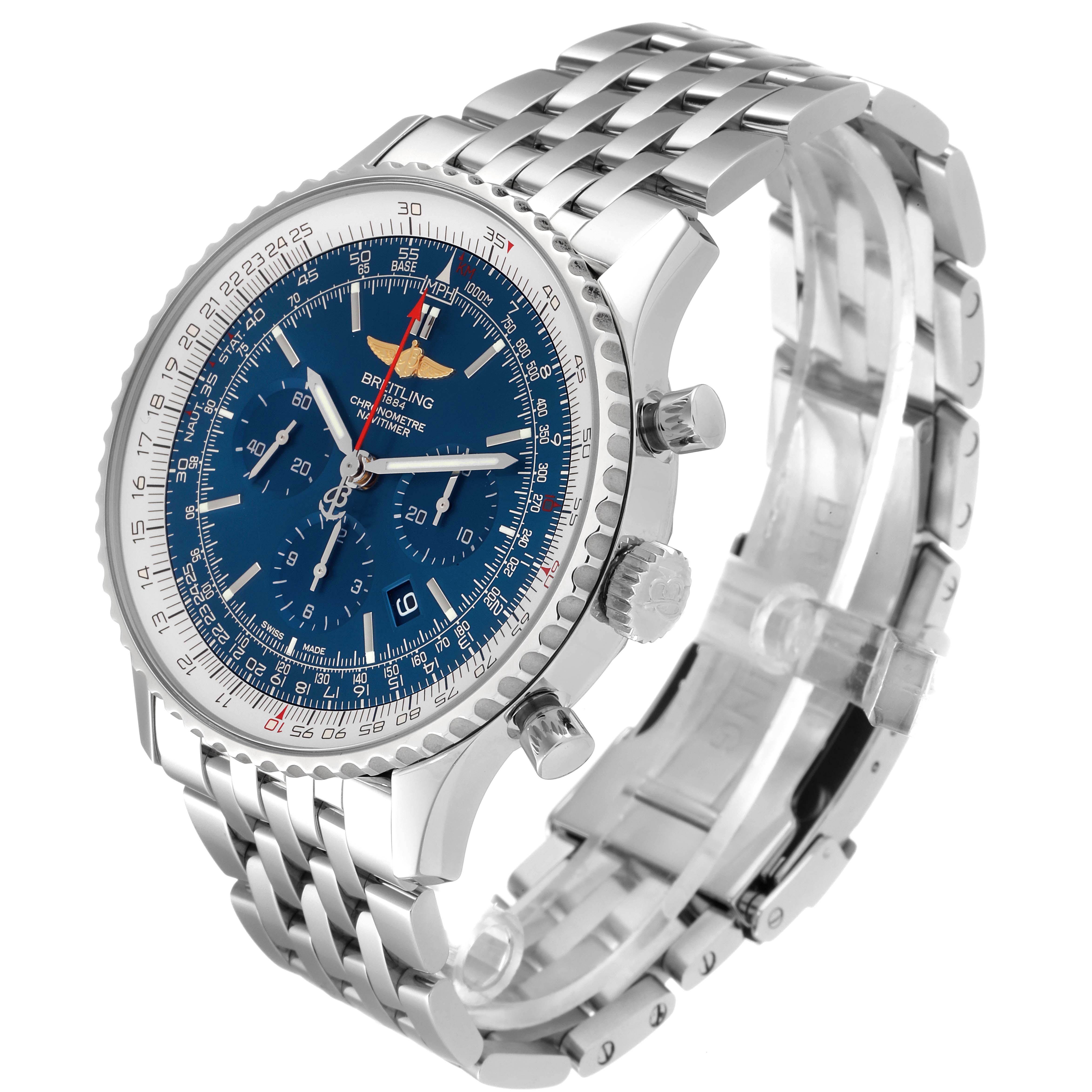 The image shows a Breitling Navitimer AB012721-C889-453A Men's Stainless Steel Blue Dial AB012721-C889-453A Men's Stainless Steel Blue Dial watch at a 3/4 angle highlighting its blue dial, bezel, chronograph buttons, and bracelet.