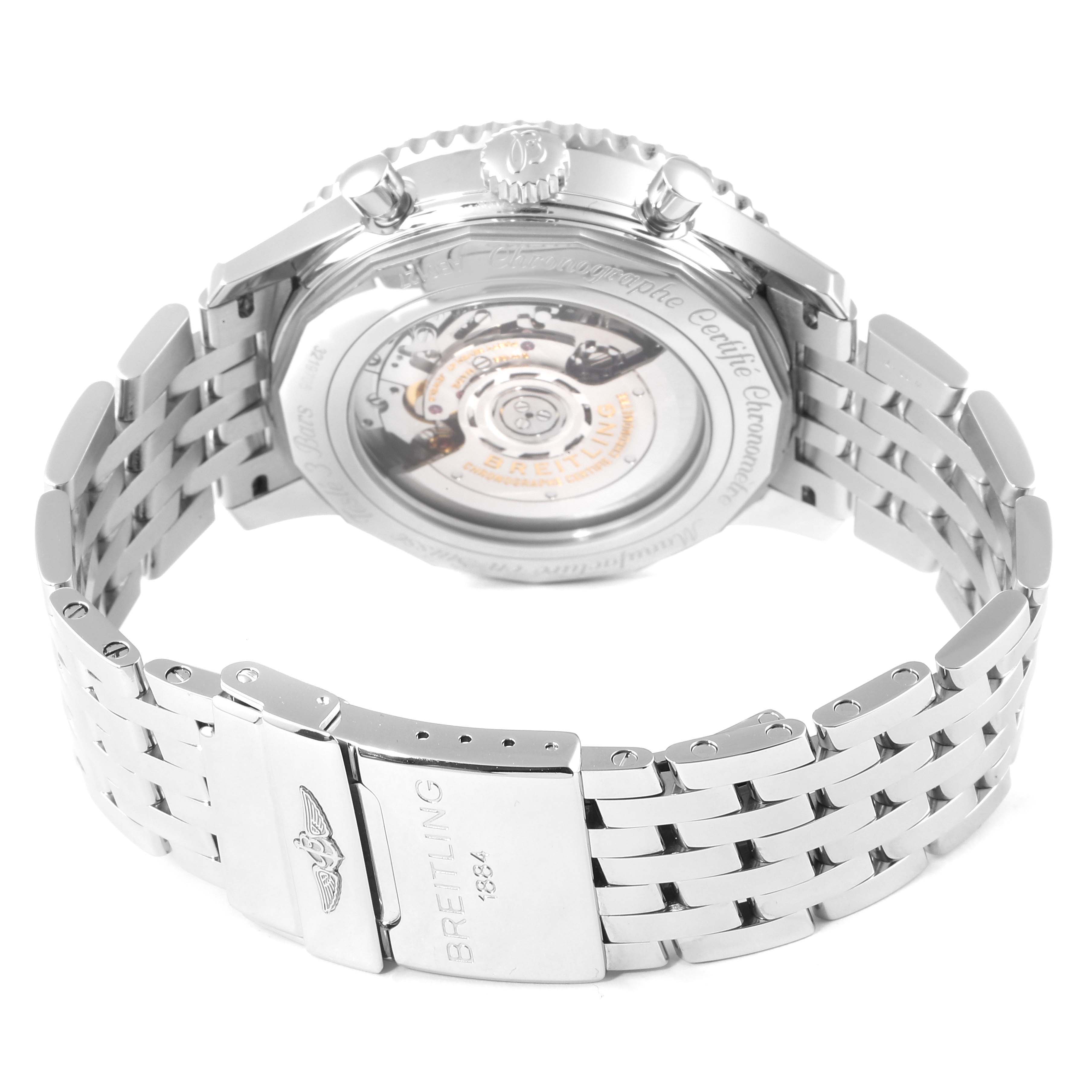 The image shows the back view and bracelet of the Breitling Navitimer AB012721-C889-453A Men's Stainless Steel Blue Dial AB012721-C889-453A Men's Stainless Steel Blue Dial watch, including the transparent case back and clasp.