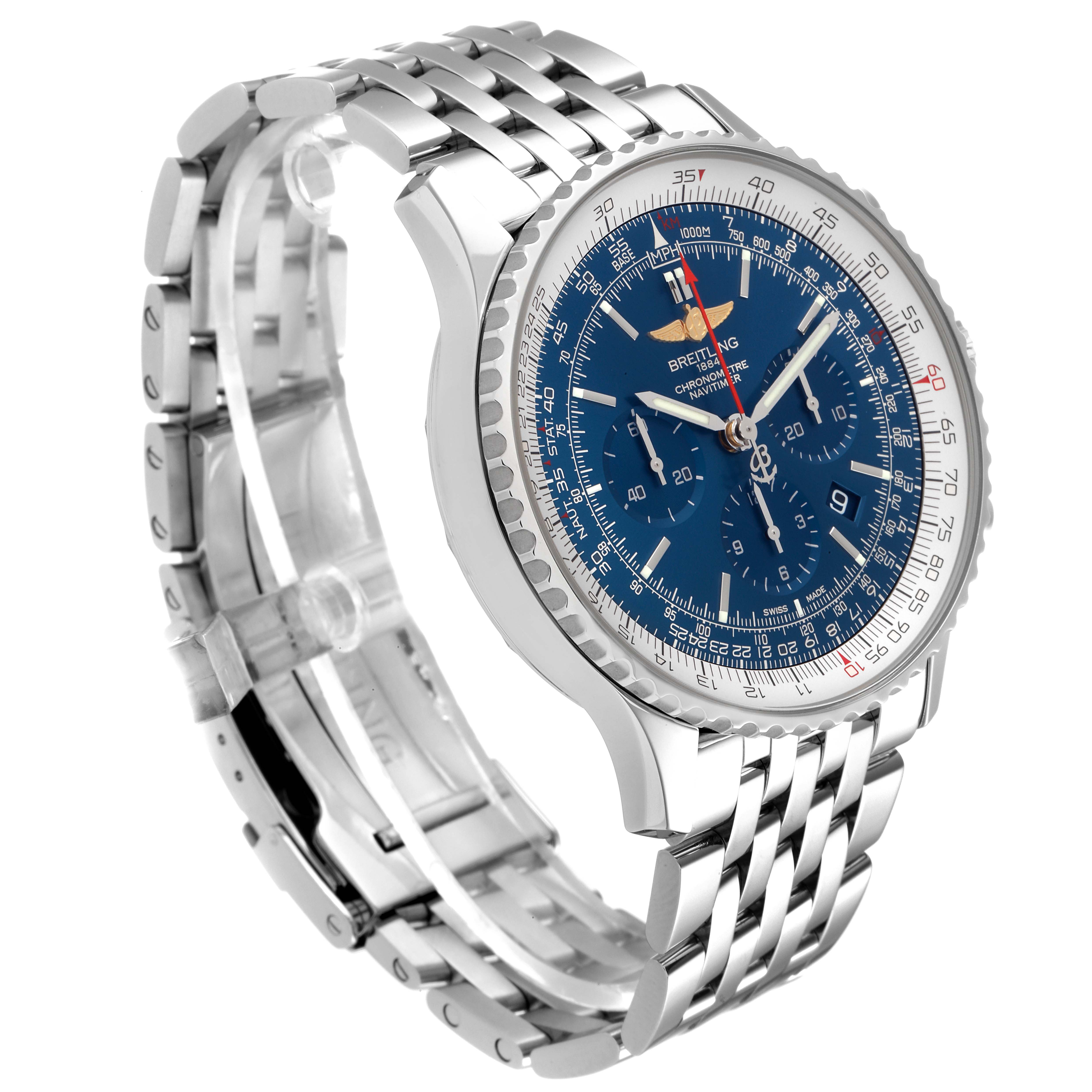 The Breitling Navitimer AB012721-C889-453A Men's Stainless Steel Blue Dial AB012721-C889-453A Men's Stainless Steel Blue Dial watch is shown at an oblique angle, highlighting its blue dial and stainless steel bracelet.